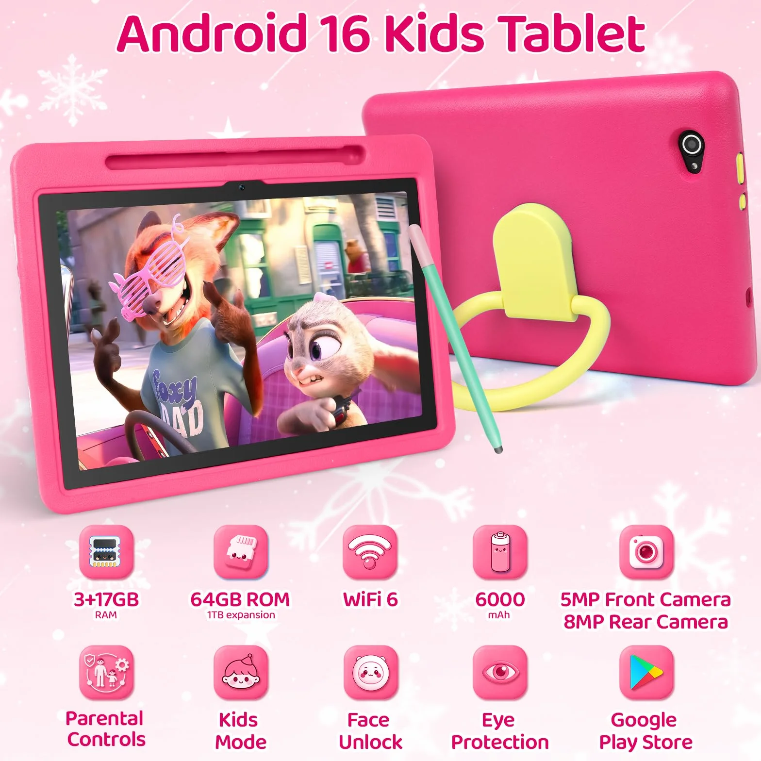 Tablet Bambini Android 16 Pollici 10, 20GB RAM 1TB TF, Batteria 6000mAh, WiFi 6/BT 5.3 - Rosa