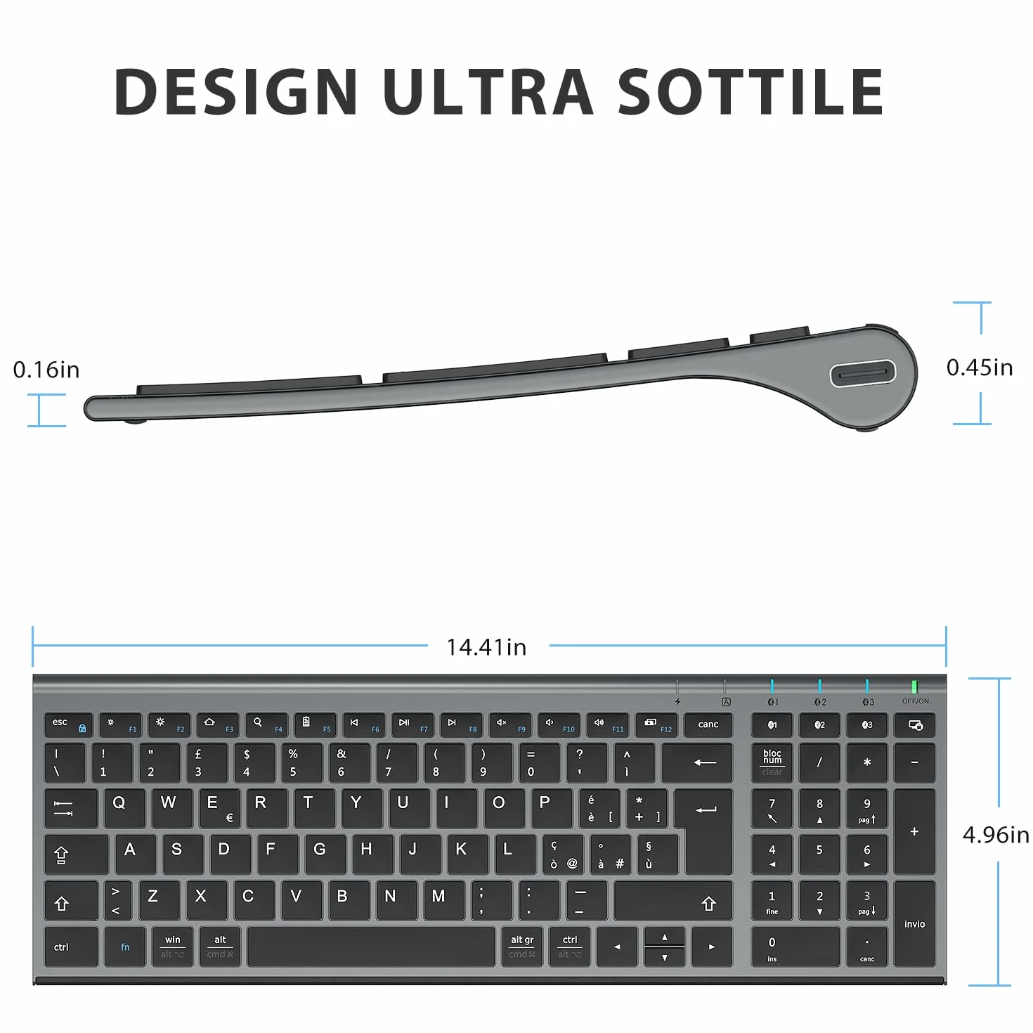iClever Tastiera Bluetooth 5.1 Multi-Dispositivo Ricaricabile con Tastierino Numerico e Design Ergonomico per Mac OS, Android, Windows