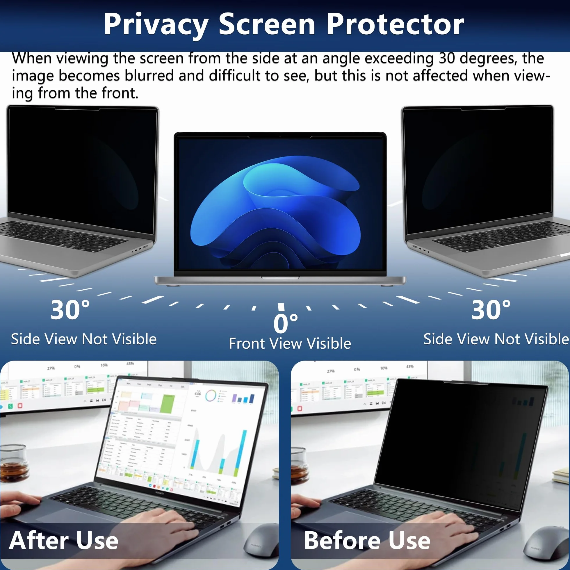 Pellicola Magnetica per Privacy da 16 Pollici 16:10, Anti-Luce Blu, Antiriflesso, Antigraffio, Bifacciale, Rimovibile Pellicola Privacy per Laptop (16 pollici 16:10-351 x 225 mm)