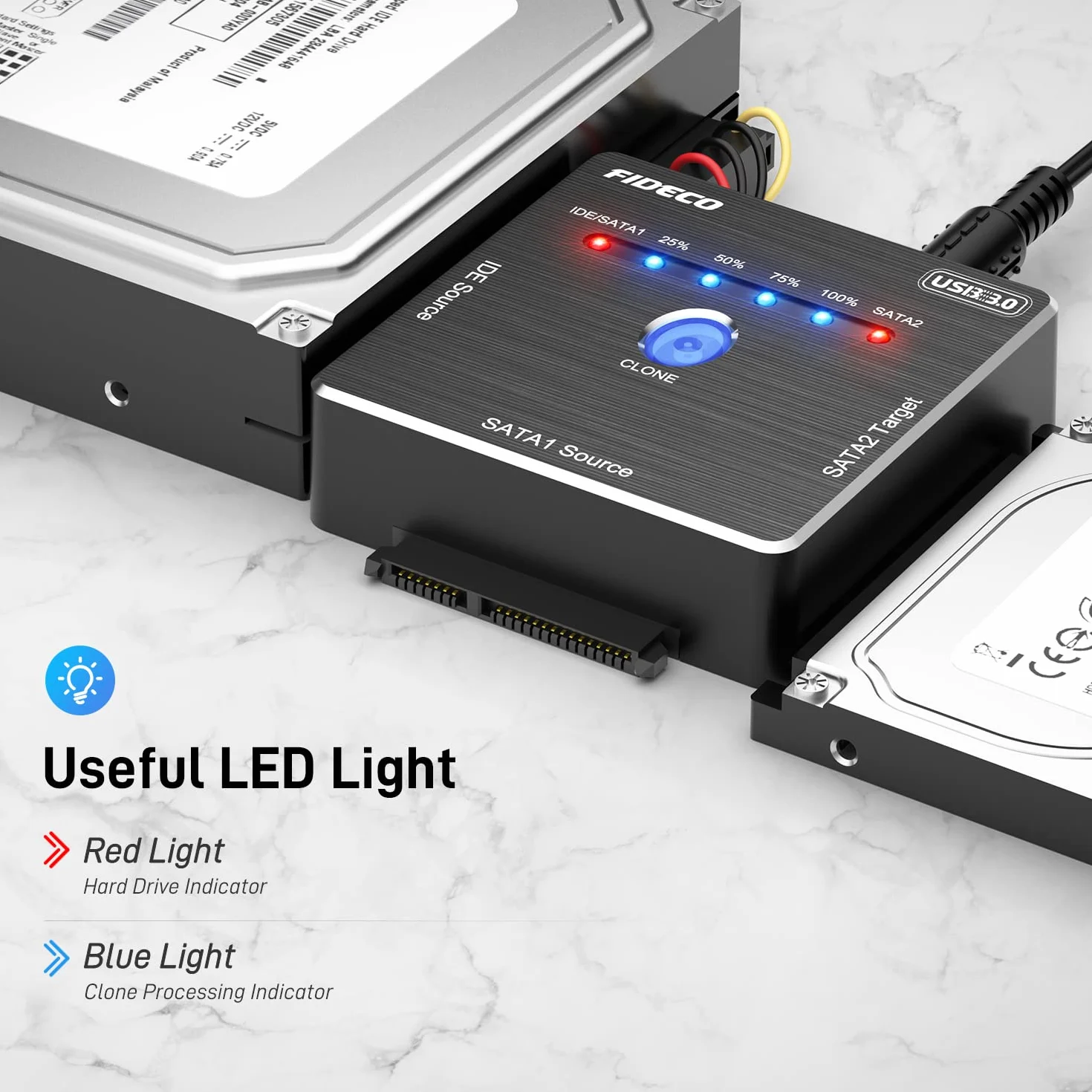FIDECO Adattatore IDE/SATA USB 3.0, Convertitore per HDD/SSD 2,5" o 3,5" SATA/IDE, Supporto per Clonazione Offline