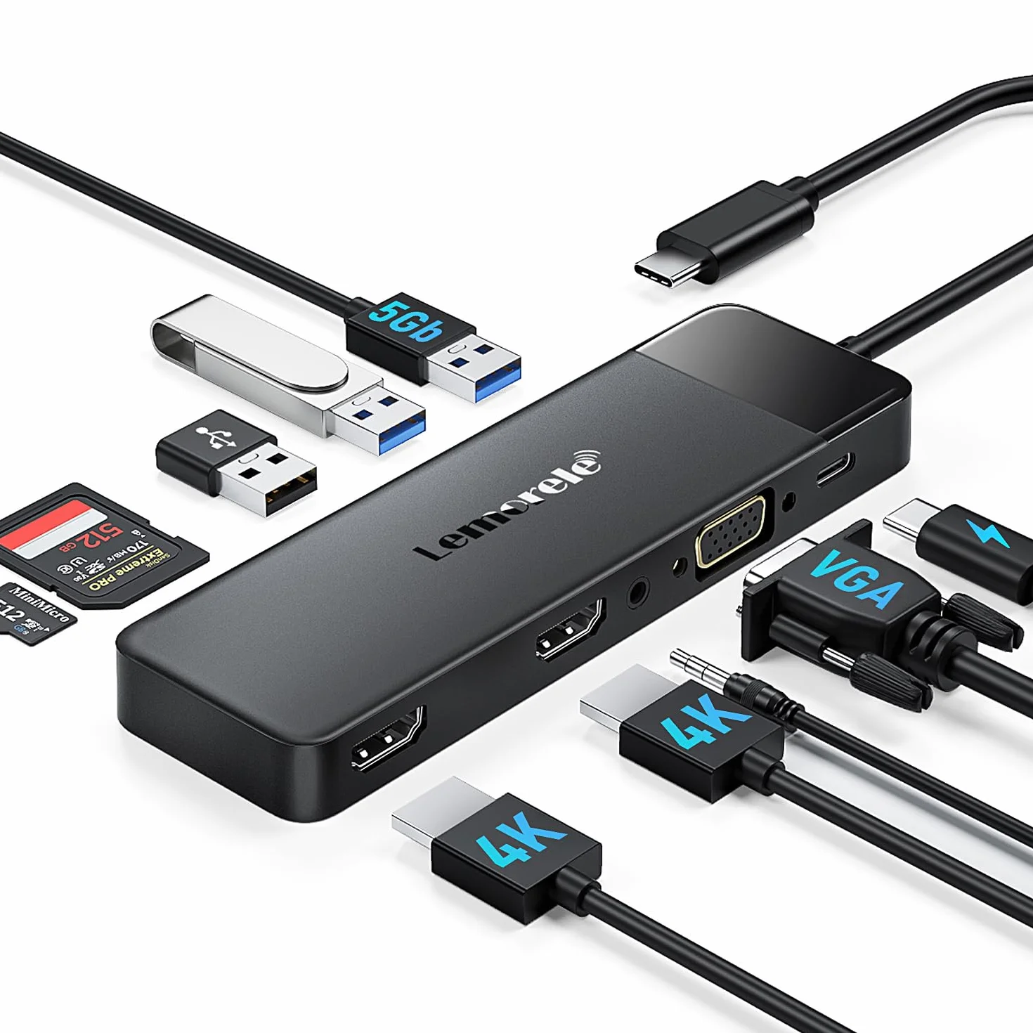 Lemorele Docking Station USB C Hub 3*Display -10 in 1, Dual Monitor con 2 HDMI 4K, VGA, AUDIO, 3 USB 3.0/2.0, PD 100W, SD/TF, Docking Station a MacBook/DELL/Windows/HP/Surface