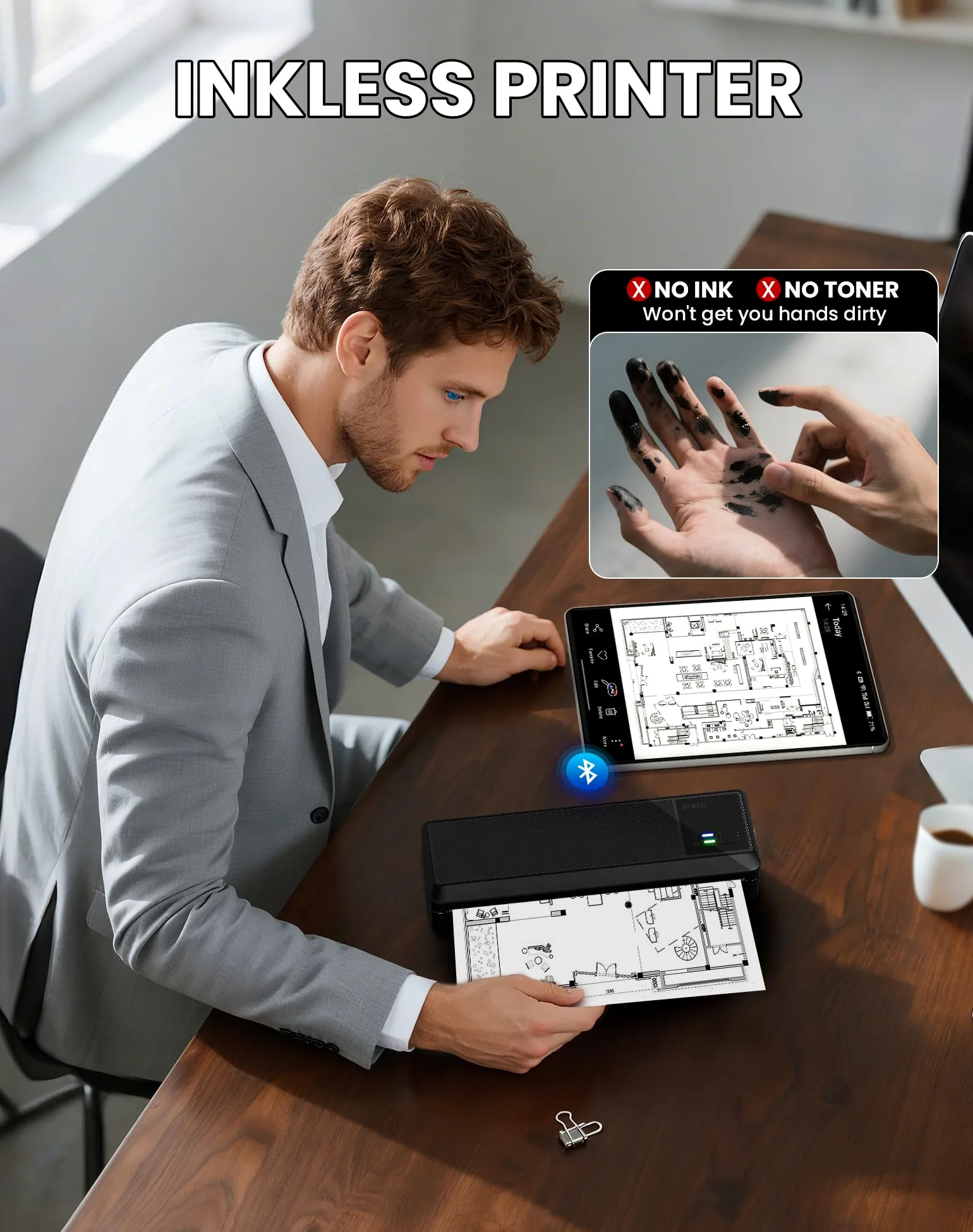 vretti Stampante Portatile A4 Compatibile con Phone/PC/USB, Bluetooth | Wireless Stampante Termica Stampa Contratti/Ricevute/Documenti,Nero