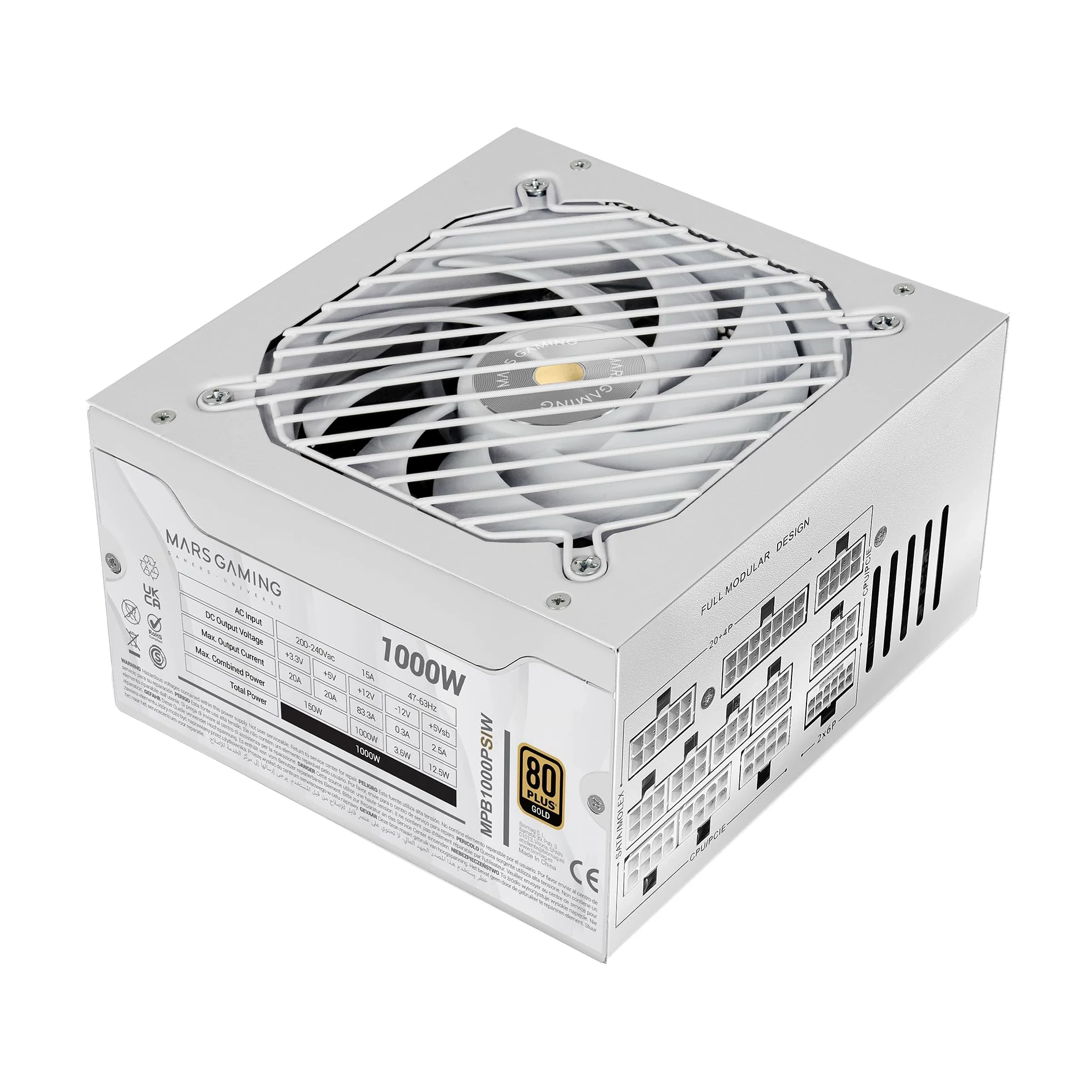 MARS GAMING MPB1000PSI, Alimentatore Full Modulabile ATX 1000W, 10 Anni di Garanzia, 80Plus Gold 90%, Ventola SI 140mm, Tecnologie AI2-RPM, DC-DC e SMD, ATX 3.1 e PCIe 5.1, Connettore 12V 2x6, Bianco