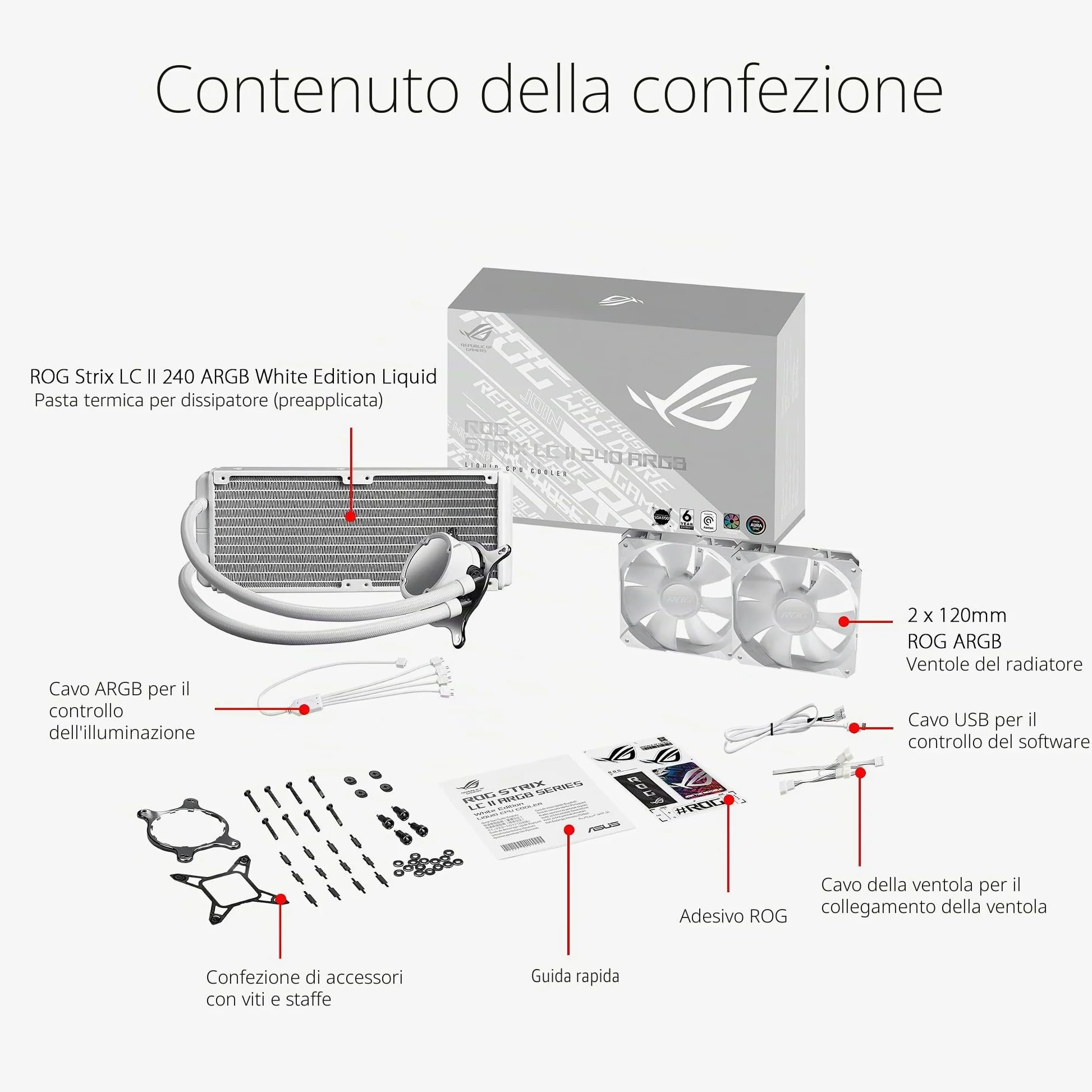 ASUS ROG Strix LC II 240 ARGB White Edition Raffreddatore CPU a liquido all-in-one con Aura Sync, supporto Intel LGA 1700 e AMD AM5/AM4/TR4 e 2 ventole ROG RGB da 120 mm indirizzabili, Bianco