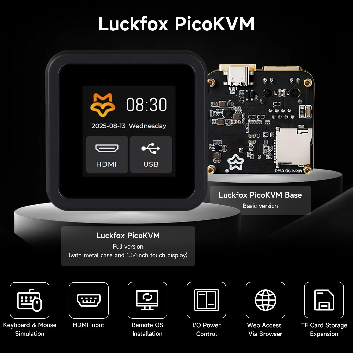 Waveshare Luck-fox PicoKVM Lightweight IP KVM Remote Management Tool Basic Version, Supports 1920x1080@60fps HDMI Video Input & HID Signal Output For Device Control, without Case/1.54inch Display