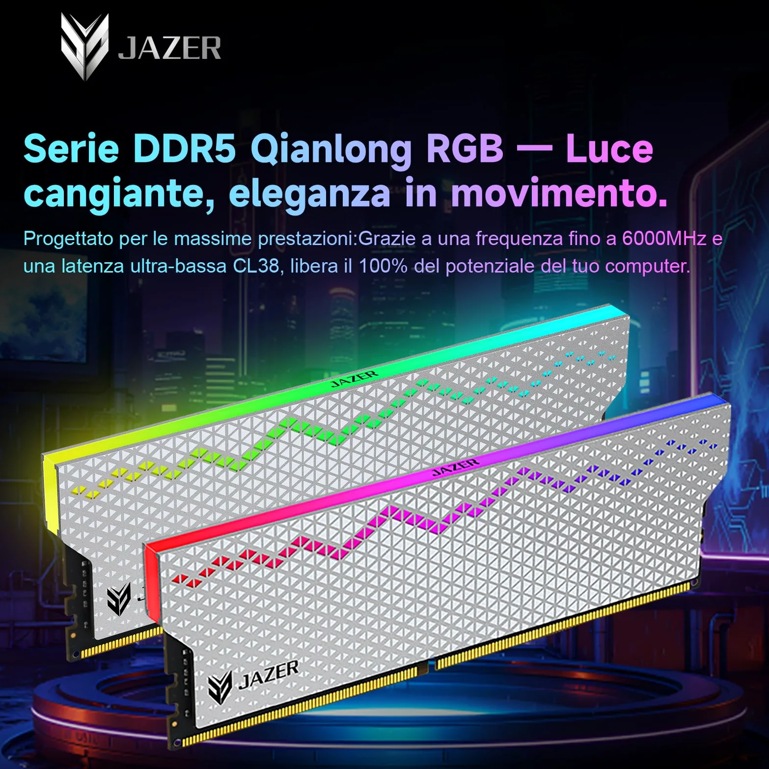JAZER RGB RAM DDR5 32GB Kit (2x16GB) 6000MHz CL36, Memoria Desktop PC UDIMM DRAM 288-Pin, Memoria Computer da gioco DDR5 ad alte Prestazioni Supporto Intel XMP 3.0/AMD EXPO, AI, CL36-40-40-96, 1.35V