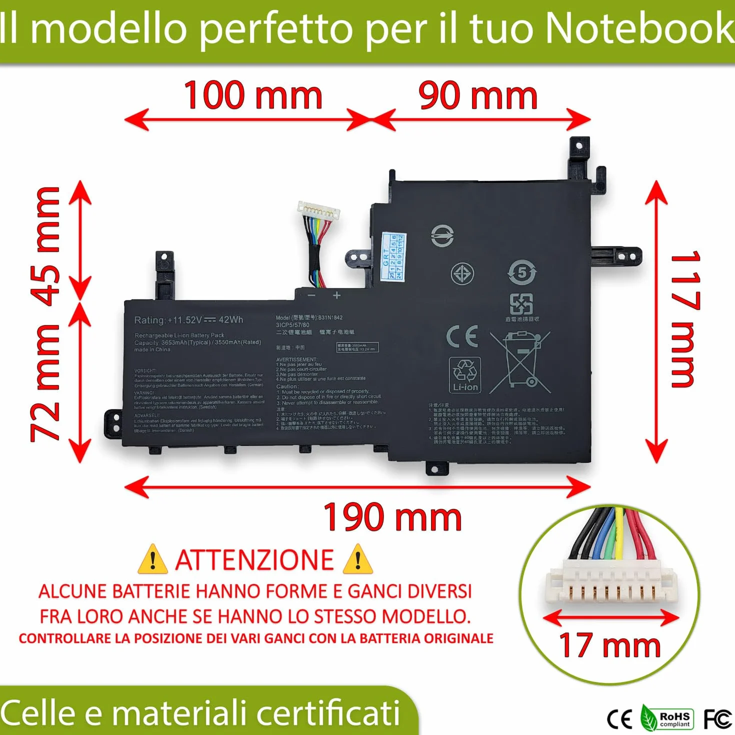 B31N1842 Batteria compatibile con ASUS VivoBook 15 K513 K513E K513EA K513EQ X513 X513E X513EA X513EAN X513EP M513 M513UA S513E S513EA F513E F513EA K531F K531FA X531 X531F X531FL [11.52V - 3653mAh]