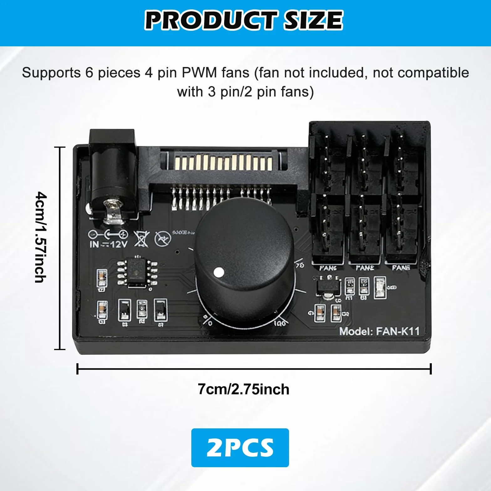 2 controller di velocità della ventola PWM 12 V: 4 poli, hub adattatore ventola per PC con alimentazione tramite SATA e DC 5525, Cooling Fan Speed Knob con uscita massima totale 60 W 5 A