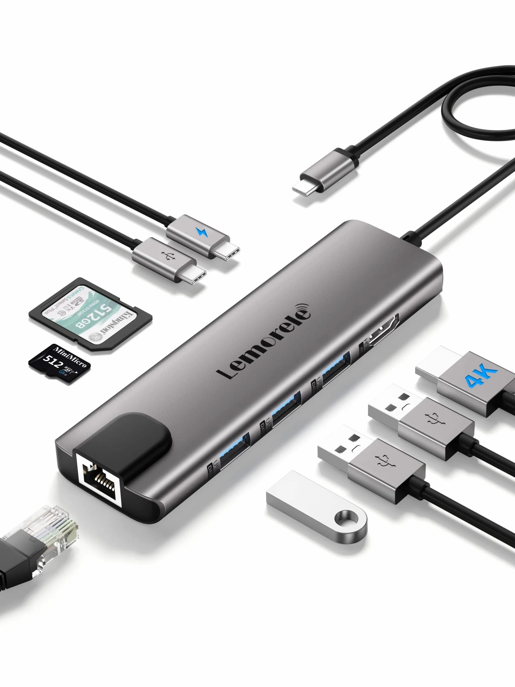 Lemorele Hub USB C con Ethernet RJ45 da 1000M- 10 en 1 Custodia in Alluminio Adattatore USB C Hub a HDMI 4K, 3 USB-A 3.0, PD 100W, SD/TF, Dati USB-C per Macbook Air/Pro, iPad, Windows, Switch