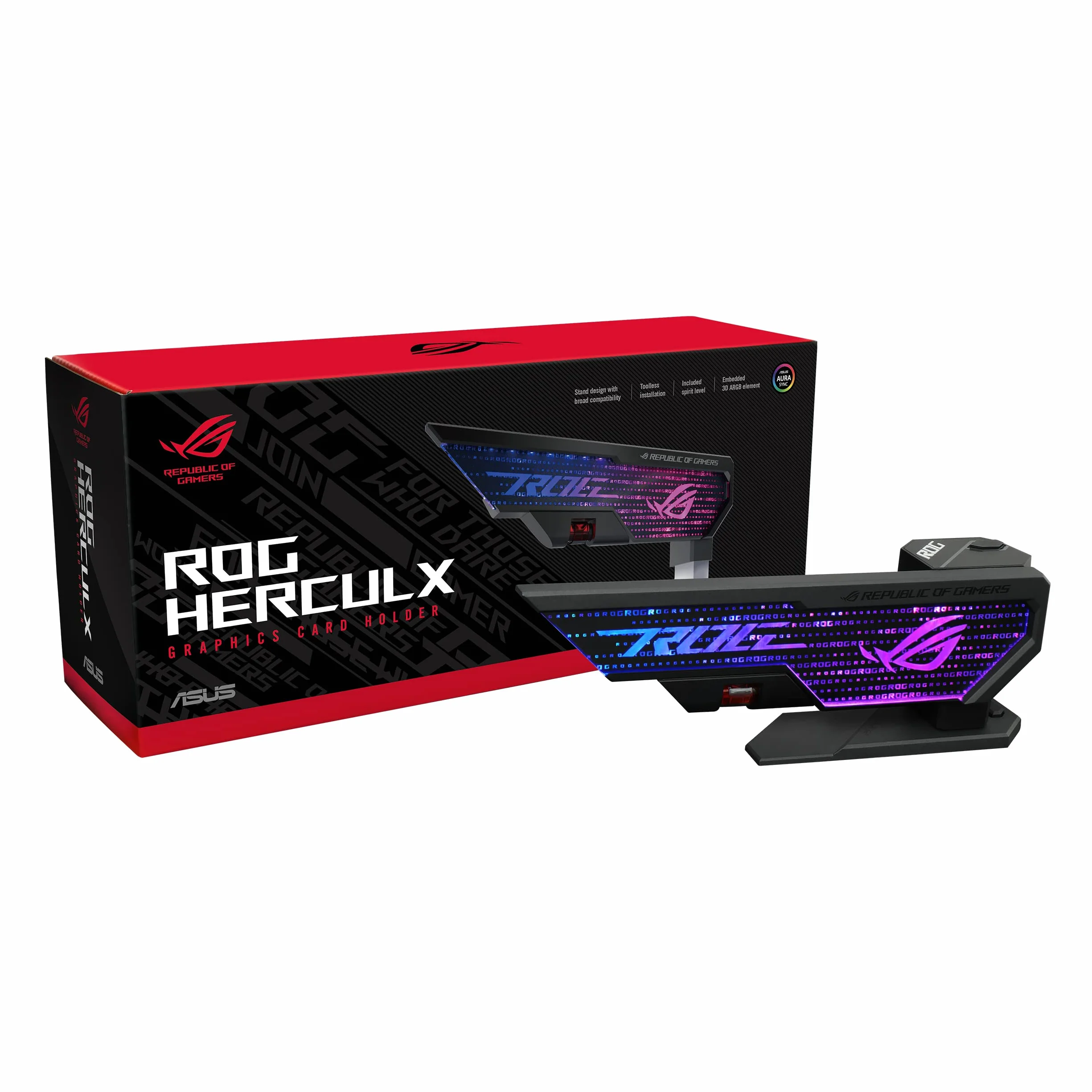ASUS ROG Herculx Sostegno Per Scheda Grafica, Montaggio Senza Attrezzi, Comoda Livella Integrata, Struttura in Lega Di Zinco, Altezza Regolabile da 72 a 128mm, Aura Sync, Nero