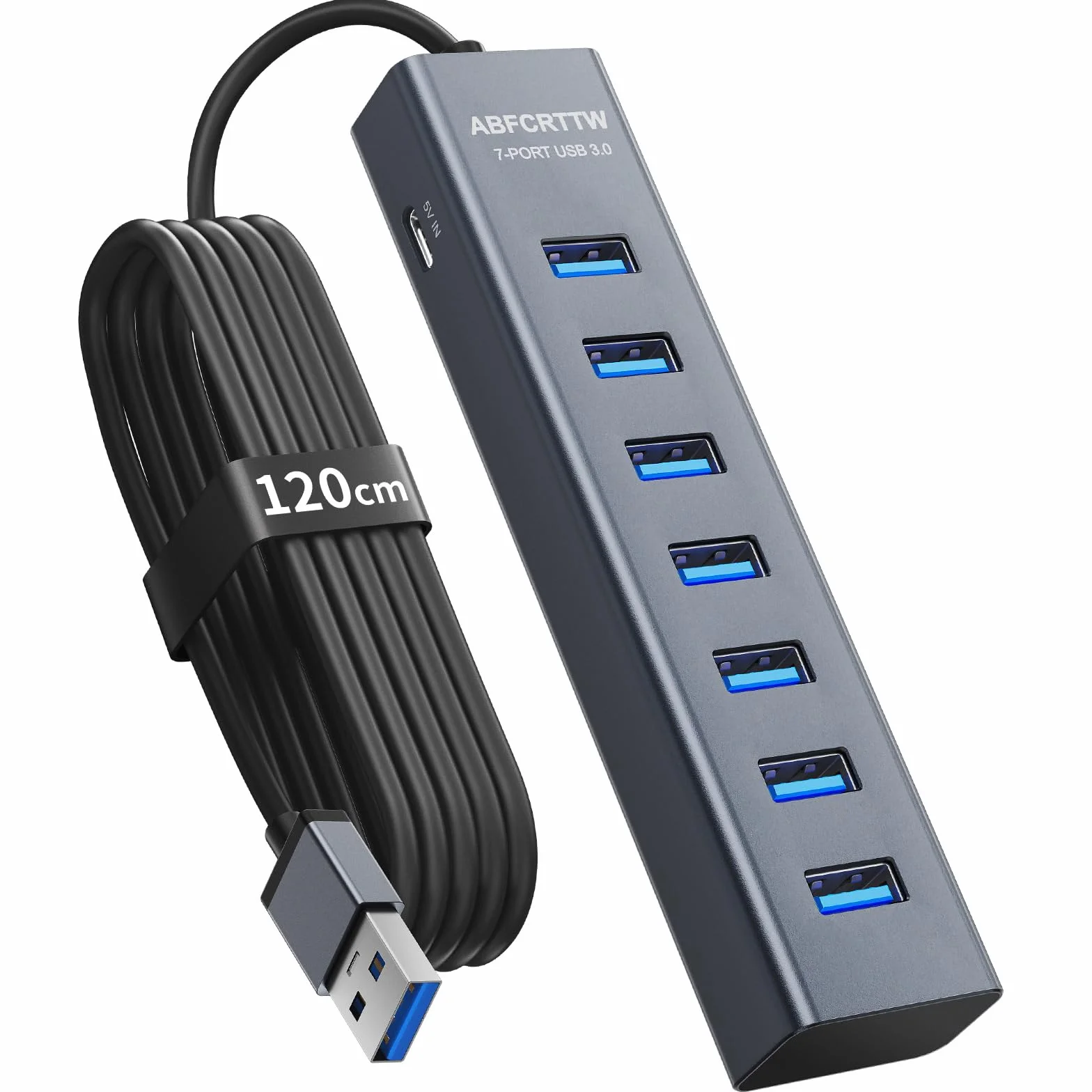 7 Porte Hub USB 3.0 con 120cm Cavo per Desktop, Alluminio Hub USB Multipresa USB Sdoppiatore con USB 3.0 5Gbps, 5V 3A USB-C Alimentato per PC, Laptop, MacBook, U-Disk, Mouse, Tastiera, ecc.