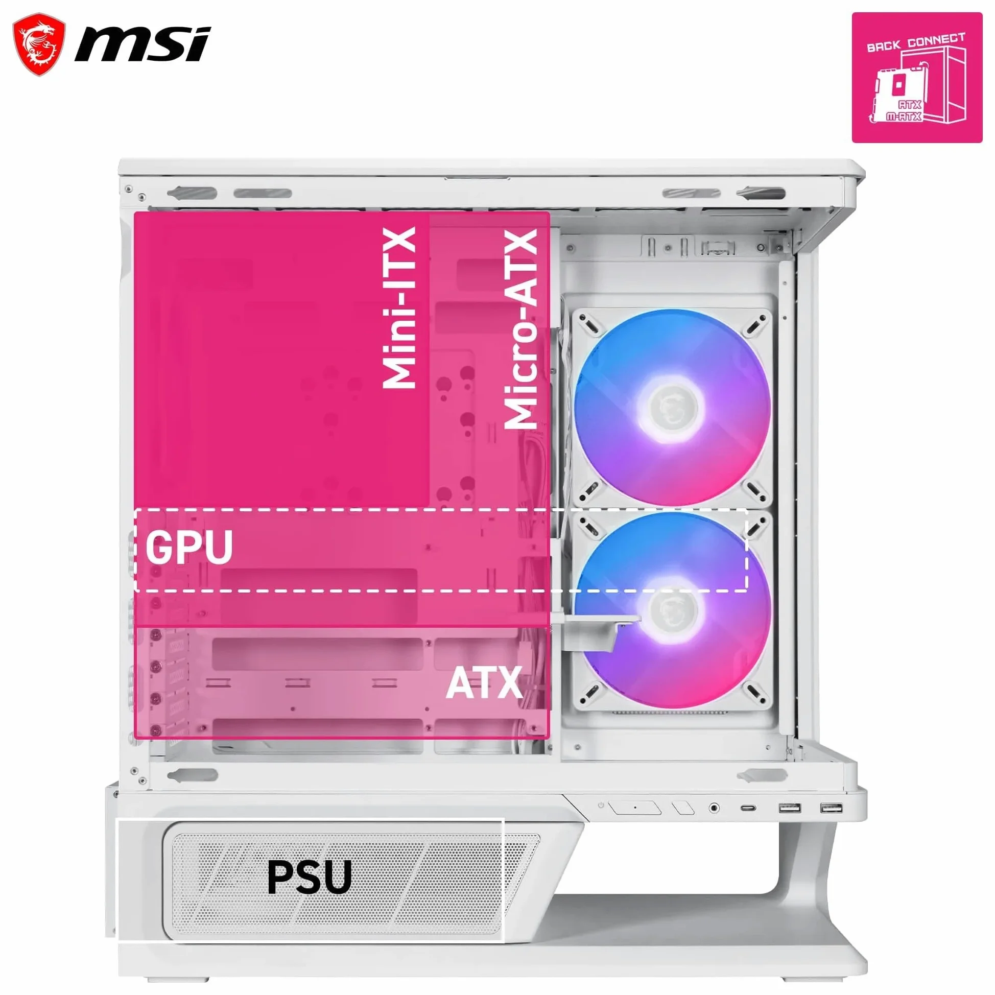 MPG VIXTA 300R PZ W Case PC | Mid-tower Gaming PC Case - Design base flottante - 2 ventole da 140 mm preinstallate e 1 ventola da 120 mm.