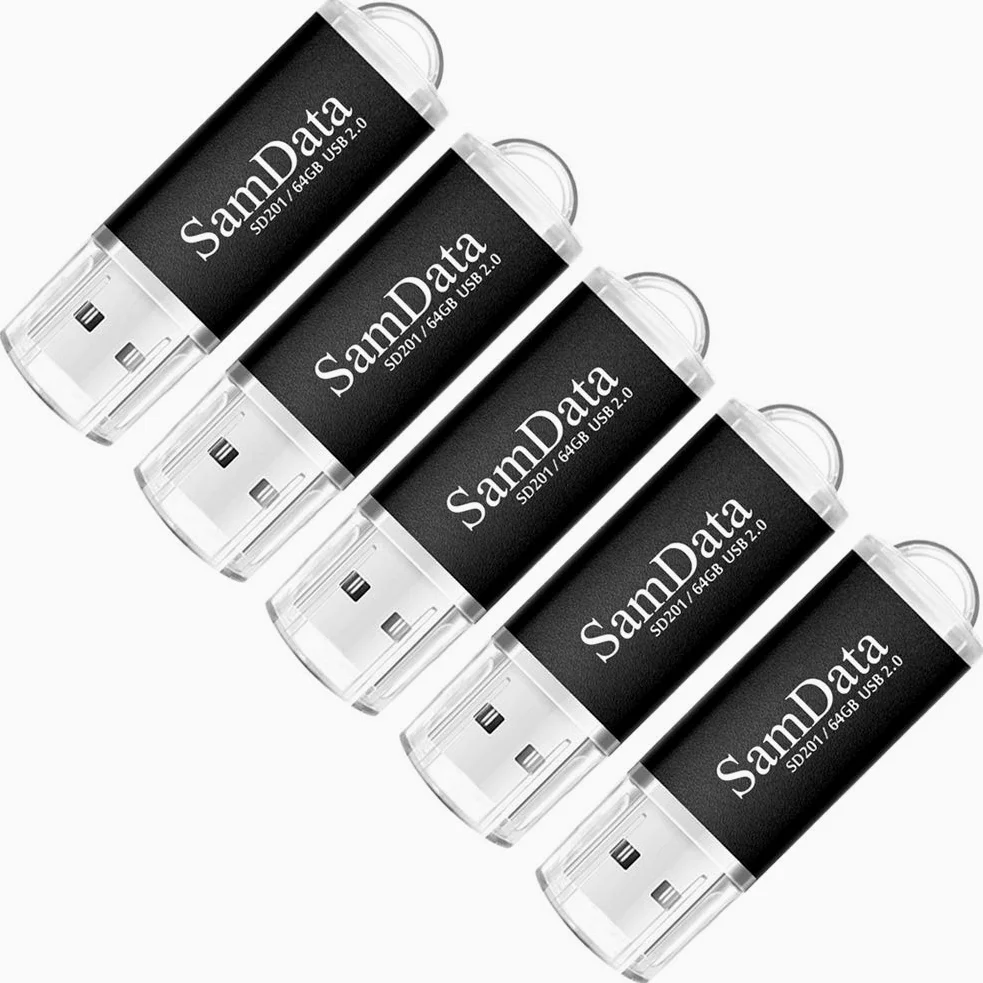 SamData Chiavetta USB da 64 GB, confezione da 5 unità USB 2.0, con indicatore LED, colore nero, confezione da 5