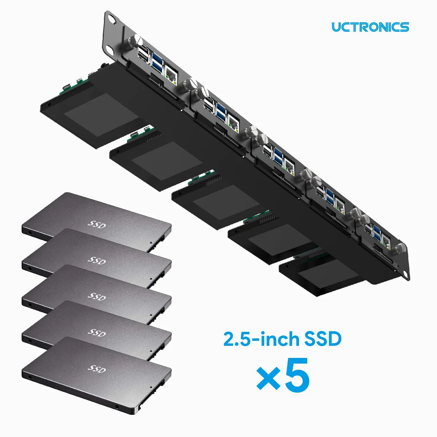 UCTRONICS U6264 19" 1U Raspberry Pi Rackmount, staffa SSD per qualsiasi SSD da 2,5", può contenere fino a 5 schede Raspberry Pi 4B, frontale rimovibile con viti prigioniere