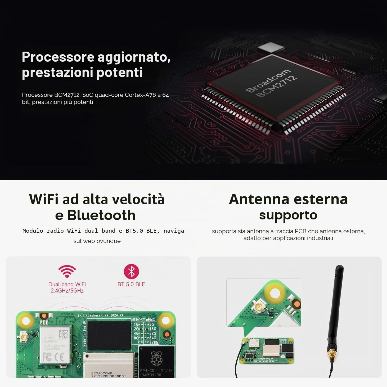 CM5 Waveshare Pi Compute Module 5 CM5104032 (WiFi, 4GB RAM, 32GB Flash eMMC), Raspberry Pi Computing Module Core Board, Include Antenna e Heatsink (3 Pezzi)