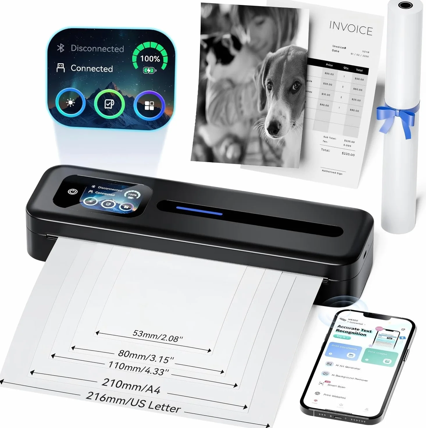 Phomemo M832D Stampante Termica Portatile A4, 300 dpi Schermo Tattile Senza Inchiostro