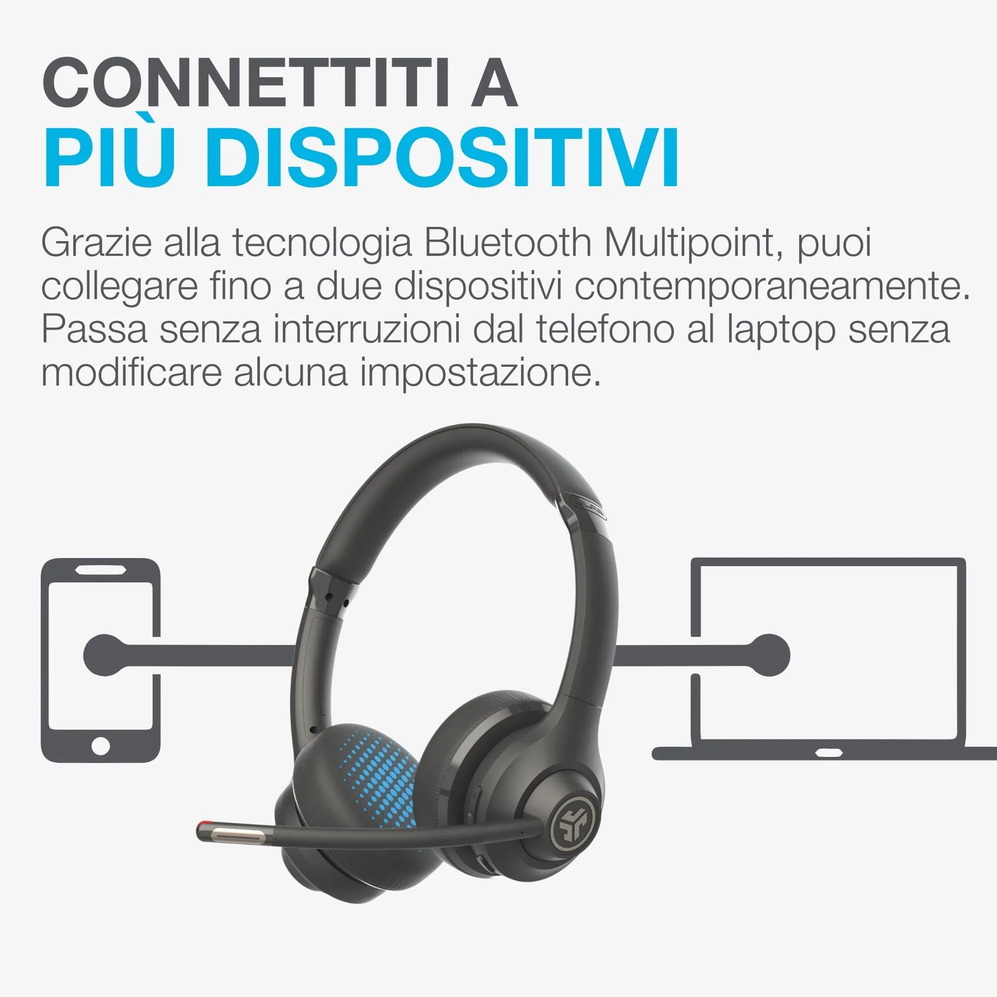 JLab Go Work - Cuffie wireless di seconda generazione con microfono – 55+ Playtime Bluetooth o USB-C Dongle per PC, connessione multipunto a computer e cellulare, cuffie on-ear cablate o wireless per