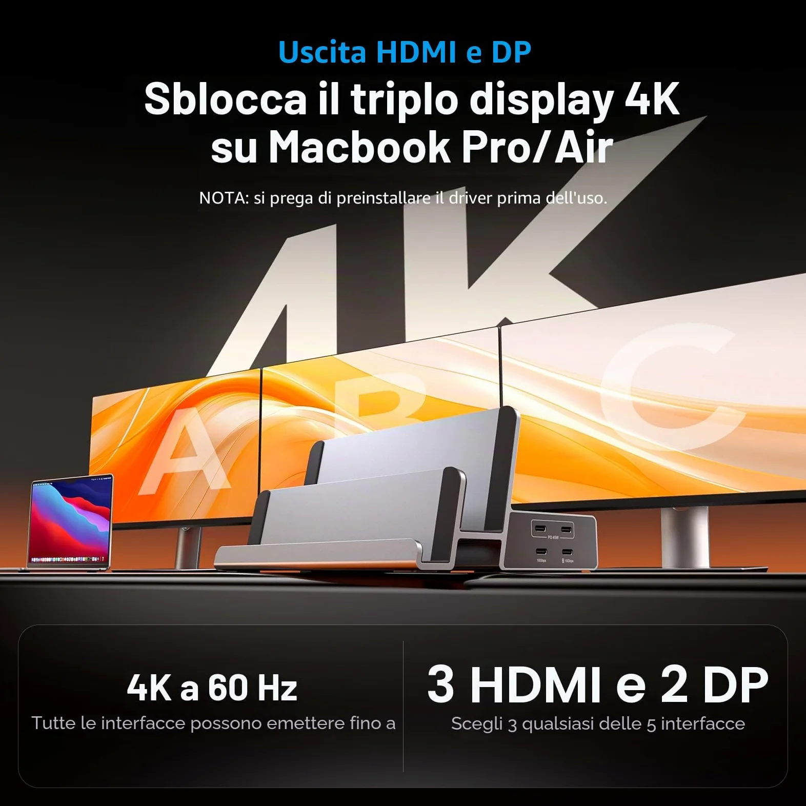 19-in-1 Triple Display Docking Station with Dual Stand, 3*HDMI, 2DP | Laptop Docking Station 3 Monitors con PD 100W, 10Gbps USB-C/A, Ethernet, per MacOS e Win (Driver Richiesto)