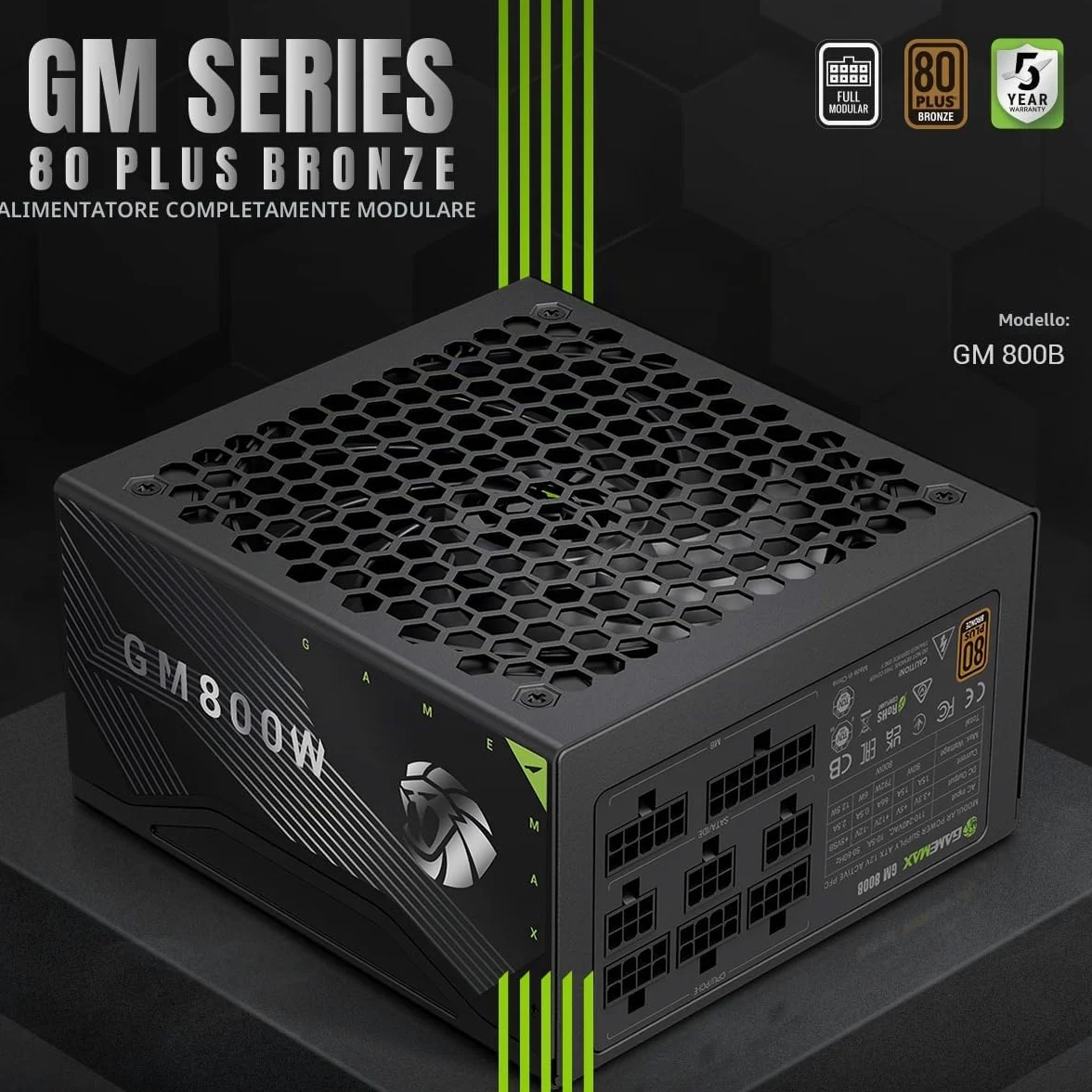 GAMEMAX GM 800B Alimentatore PC 800W Full Modular, 80Plus Bronze, Active PFC & DC-to-DC, ATX Single 12V Rail, Ventola 140mm Condensatori di alta qualità, 7 funzioni di protezione, 5 anni di garanzia