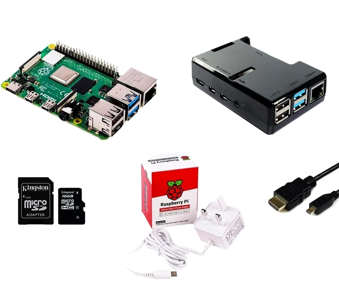 SB Components Raspberry Pi 4 Basic Starter Kit (Raspberry Pi 4 Model B, Custodia Protettiva, Alimentatore e Scheda MicroSD da 32 GB) Nero Black Case 2GB RAM