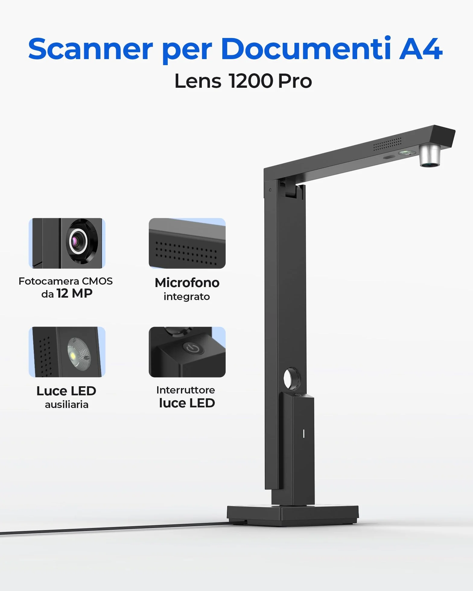 CZUR Lens 1200 Pro Scanner Documenti 12MP Alta Risoluzione A4 330DPI Multilingue OCR Windows macOS