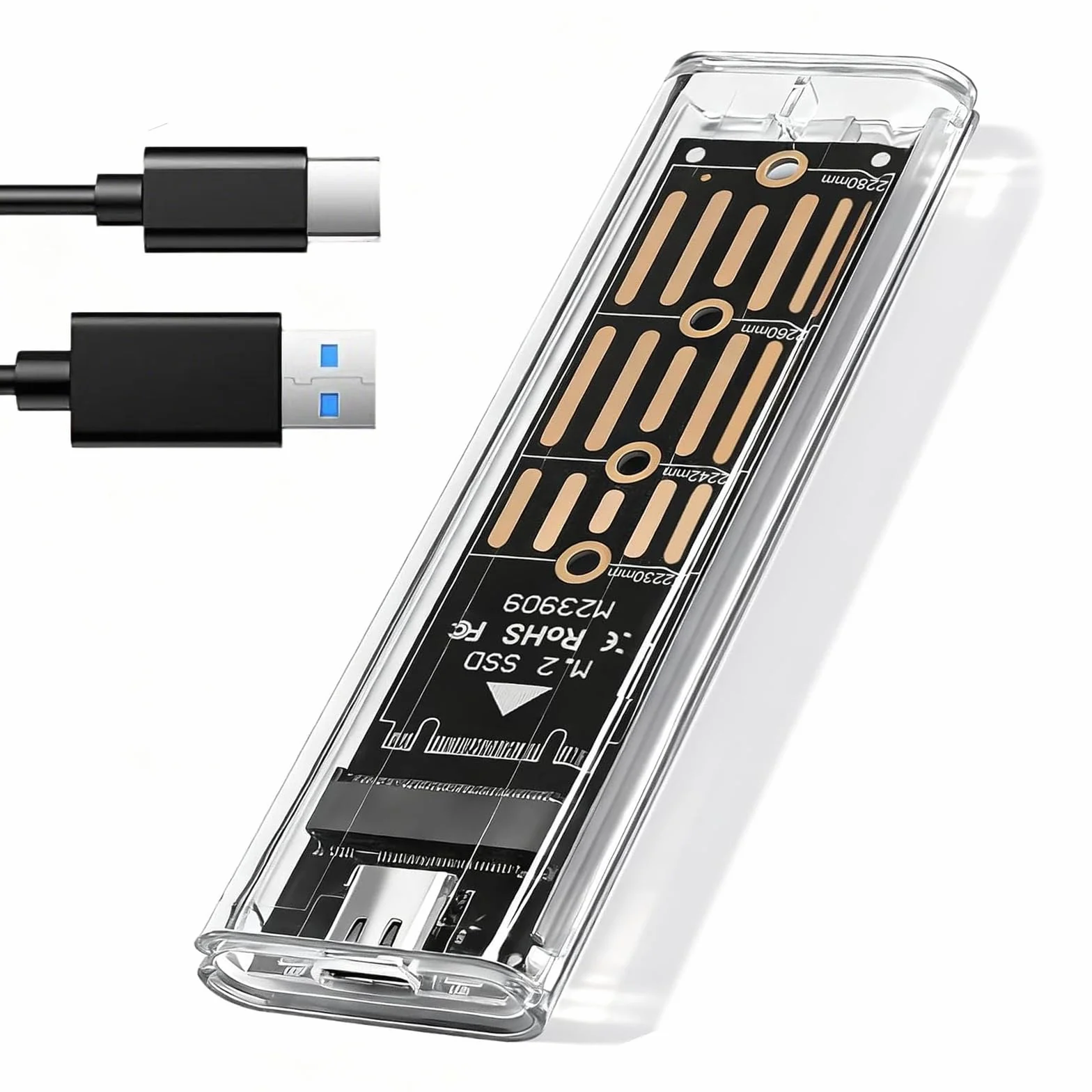 Custodia SSD M.2 NVMe, Adattatore NVMe USB 3.1 Gen 2 (10 Gbps), Custodia SSD USB-C Lettore Disco Rigido Esterno per M-Key 2230/2242/2260/2280, Design Trasparente Anti-Calore