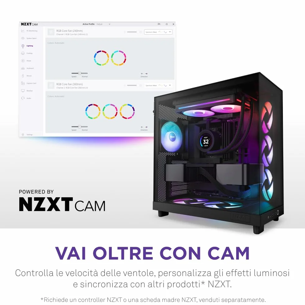NZXT F240 RGB Core - Telaio singolo 240 mm con 2 ventole RGB 120 mm - Controllo velocità illuminazione - Alta pressione statica e flusso d'aria - Cuscinetti fluidodinamici - 8 LED aRGB - Nero