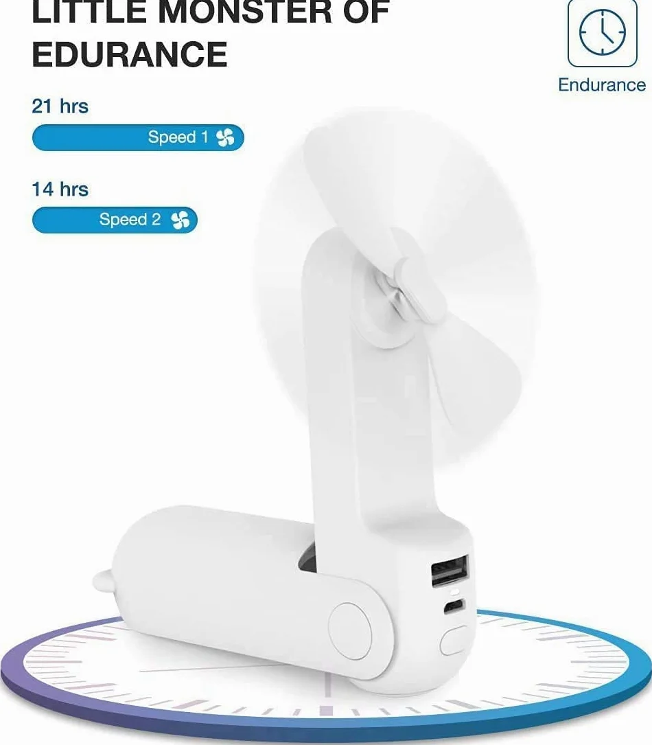 Mini Ventilatore Portatile, Ventilatore Manuale 3 in 1, Ventilatore Tascabile Piccolo Ricaricabile USB Portatile, Ventilatore a Batteria [14-21 Ore lavorative] con Power Bank, funz