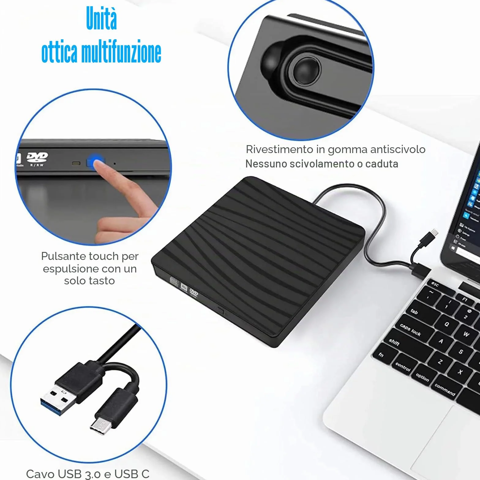 Unità DVD esterna USB 3.0 e Type-C portatile CD DVD +/-RW ROM drive per computer portatile PC desktop, CD DVD Burner Reader compatibile con sistemi operativi Windows XP / 2003 / Vista /7 /8/10/11