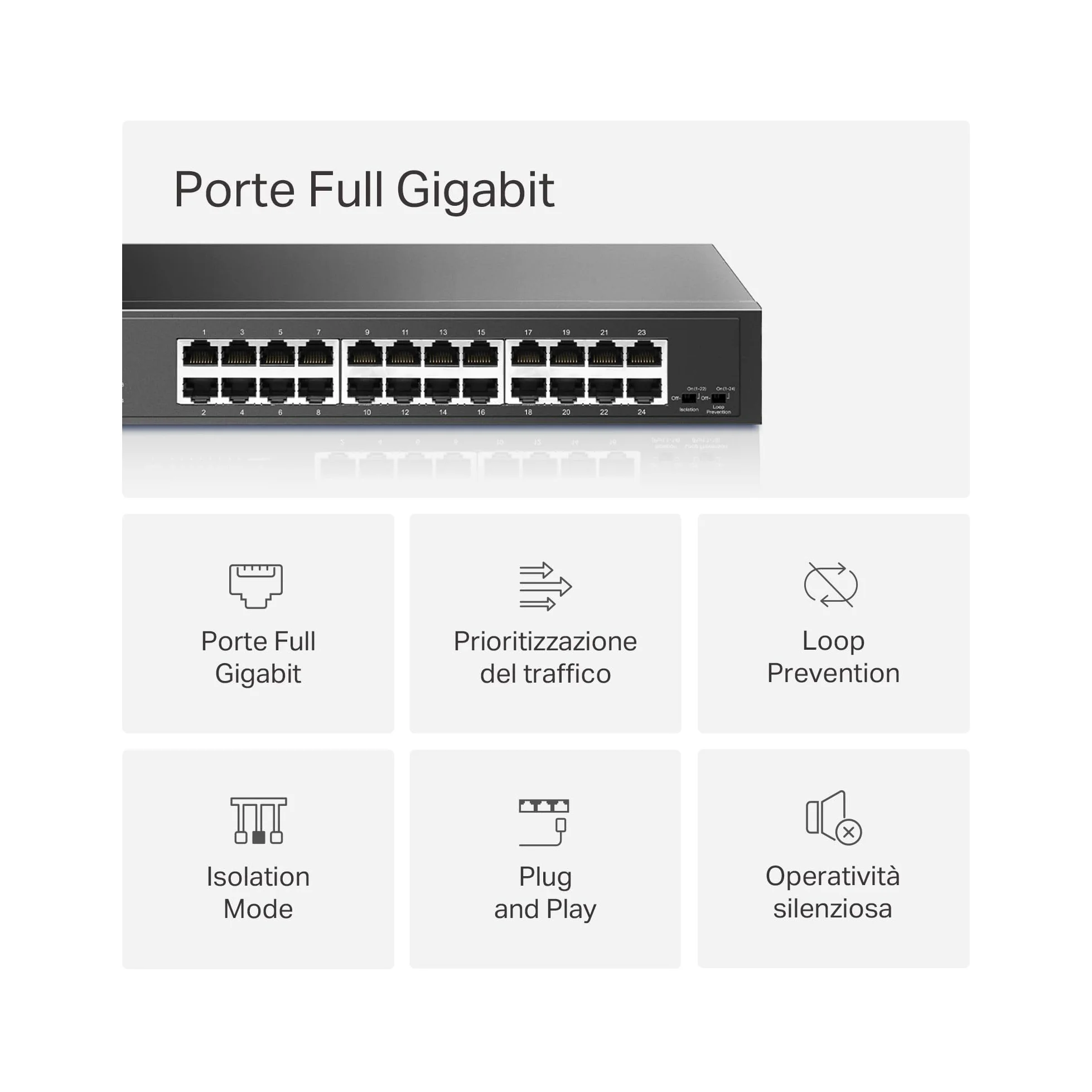 Mercusys TP-Link MS124GS Switch Gigabit 24 Porte, Montaggio Desktop o Rack, Plug & Play, Priorità del Traffico, Prevenzione Loop, Modalità di Isolamento, Funzionamento Silenzioso, Case in Metallo