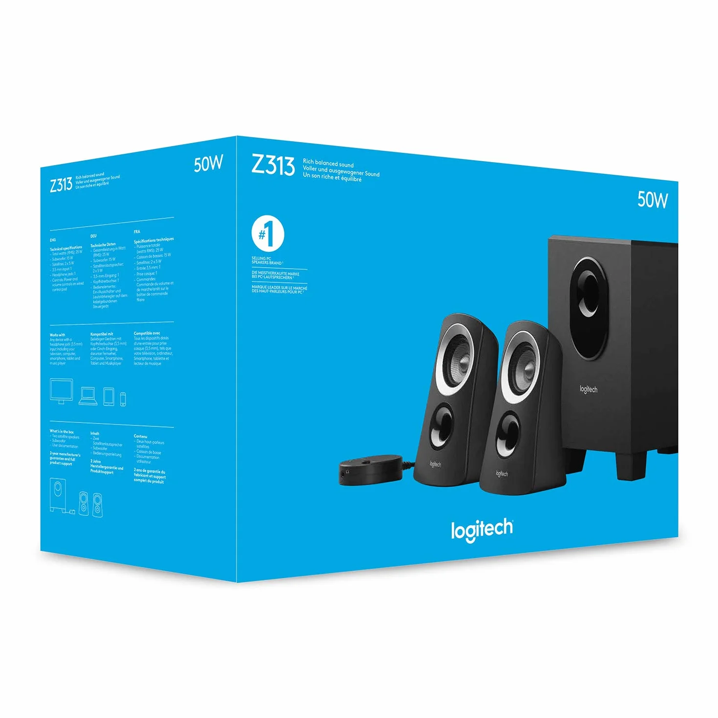 Logitech Z313 2.1 Sistema di Altoparlanti Multimediali con Subwoofer, Audio Full Range, 50 Watt, Bassi Potenti, Ingressi Audio Bluetooth e 3,5 mm, ‎Presa EU/IT, PC/PS4/Xbox/TV/Smartphone/Tablet - Nero