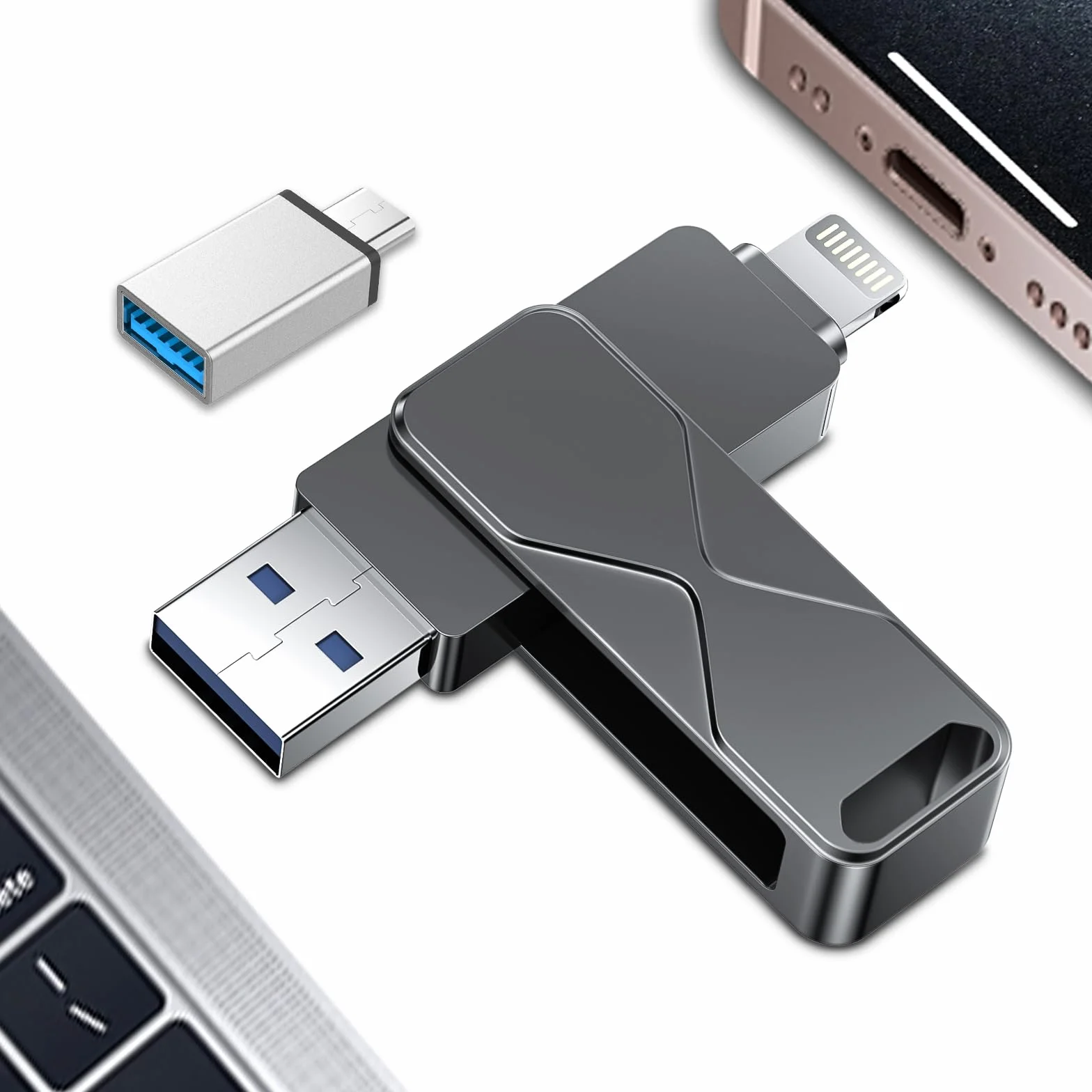 Chiavetta Usb 512GB,Mfi Certified Lightning Memoria Esterna Pen Drive Penna Usb Chiavette 3 In 1 per iPhone,iPad,iOS,Macbook,Android,Pc Nero