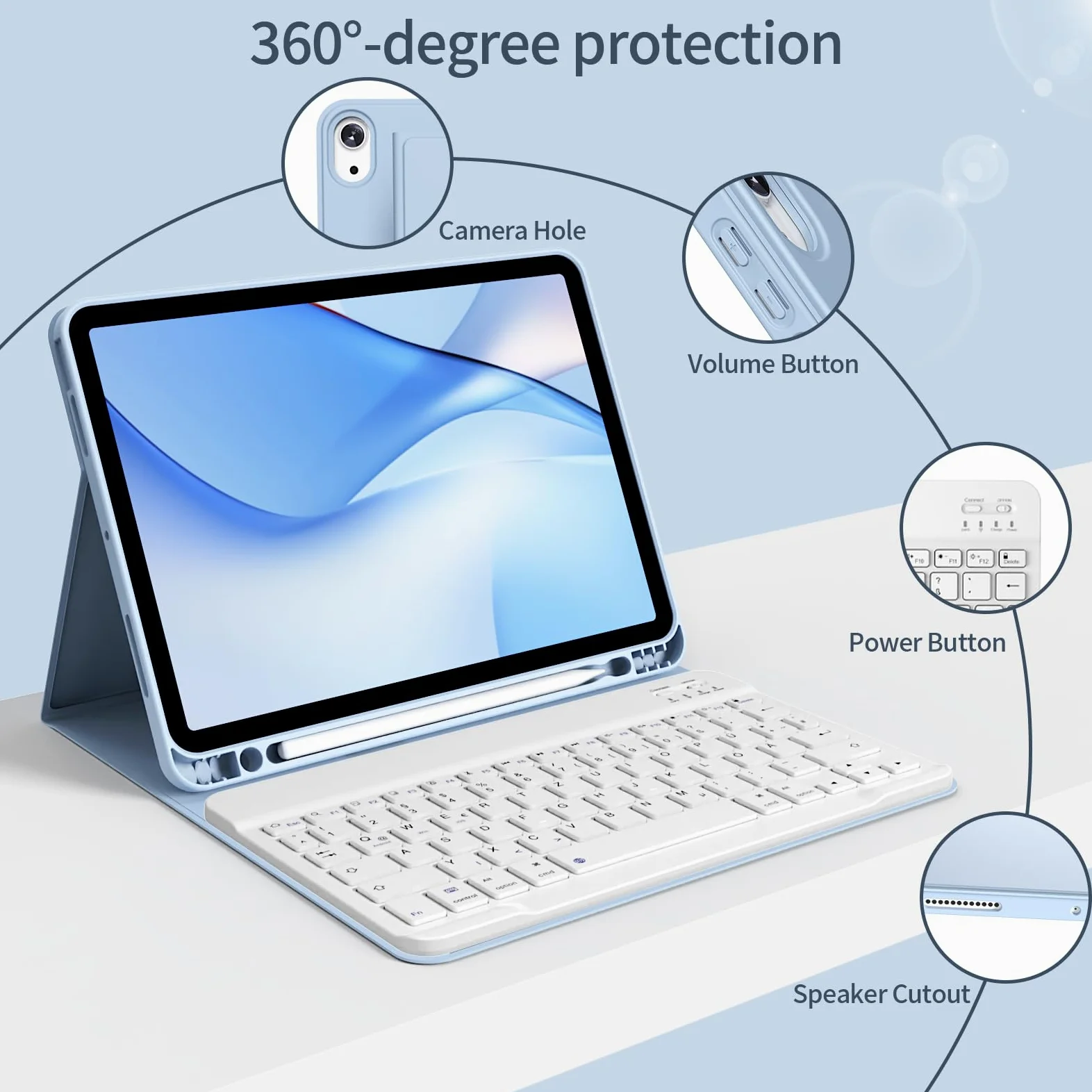 Custodia con Tastiera per iPad Air 11 Pollici 2025 2024 (M3/M2), iPad Air 5 4 2022/2020 10,9 Pollici, Cover Morbida TPU con Supporto per Penna, Tastiera Folio Magnetica Rimovibile, Blu Chiaro