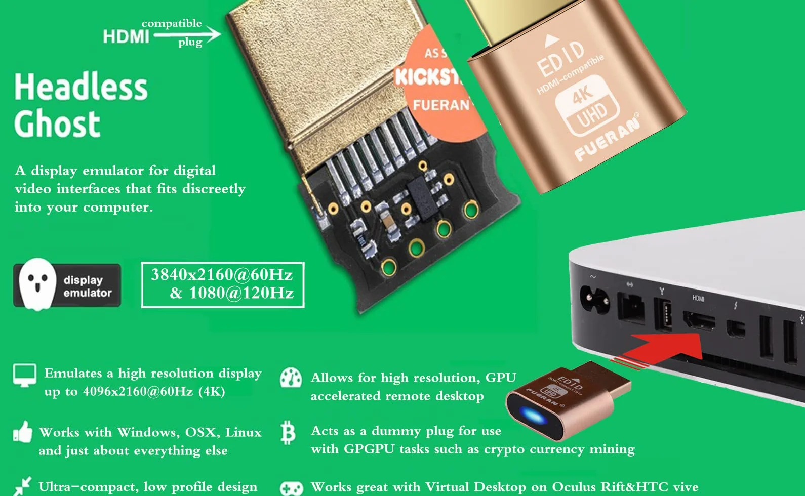 Dummy Plug senza testa HDMI DDC EDID, emulatore fantasma monitor, 1920x1080-3840x2160@60Hz 3840x2160 3840X2160