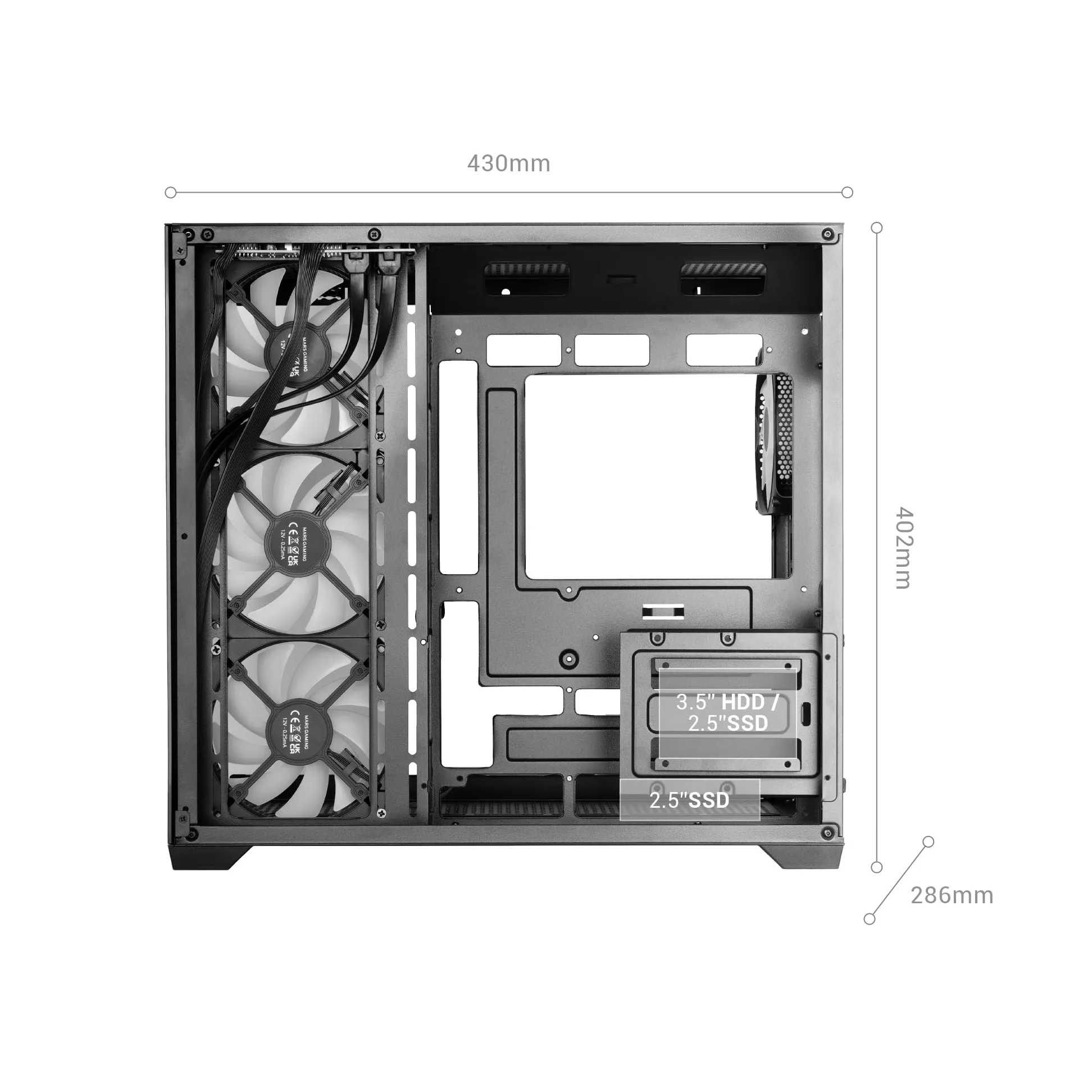 Mars Gaming MCV5, Case PC ATX, Vetro Temperato Panoramico, 4x Ventole ARGB 120mm, 7 Slot PCI Orizzontali + 2 Slot PCI Verticali, Compatibile con Schede Madri a Connettore Inverso, USB-C, Bianco