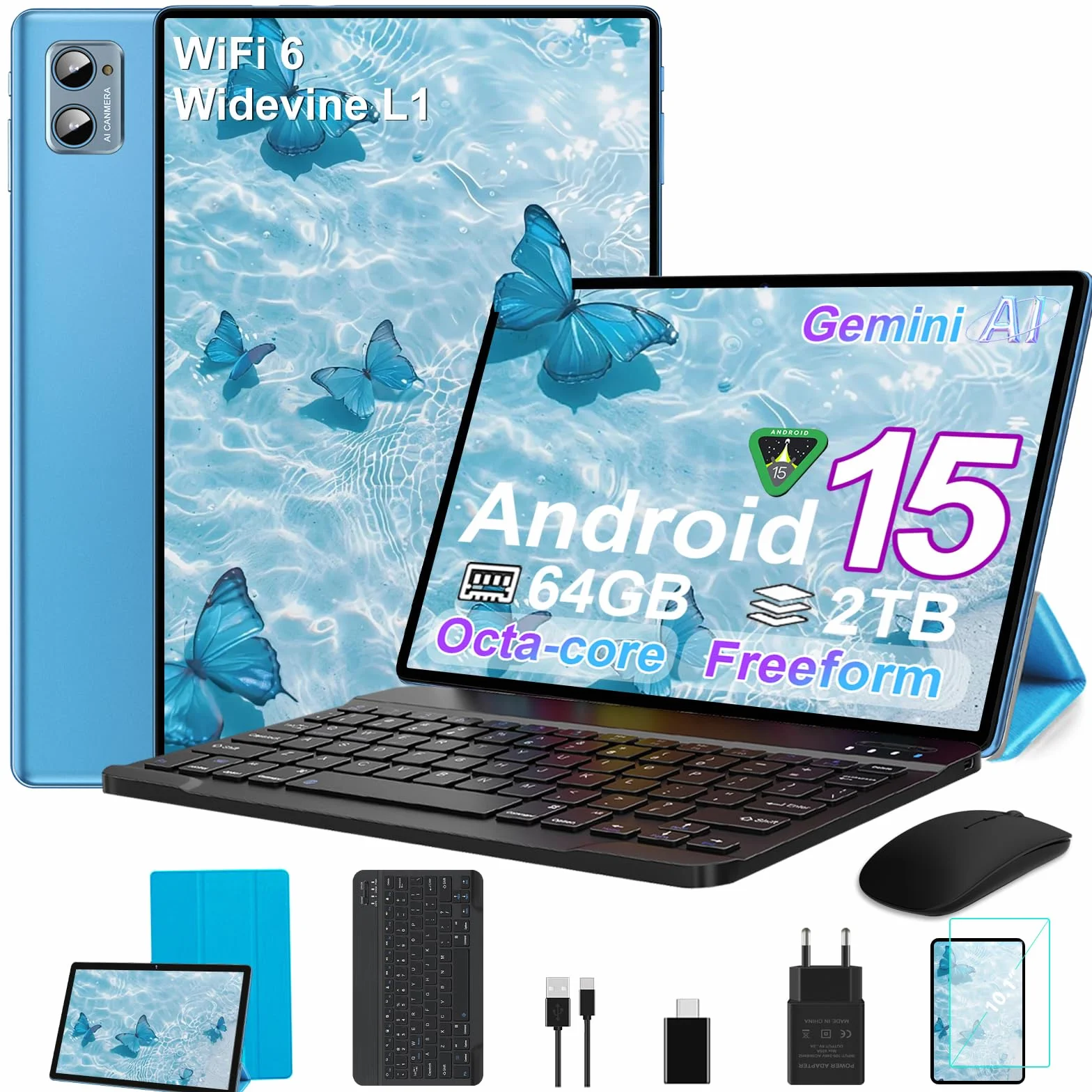 Tablet 2026 10 pollici Android 15 Octa Core Tablet con 64 GB ROM + 2 TB TF | 5G + 2,4G WiFi |GMS | Bluetooth 5.0 | 8MP + 5MP | Tipo C, tablet touchscreen con custodia, tastiera e mouse blu