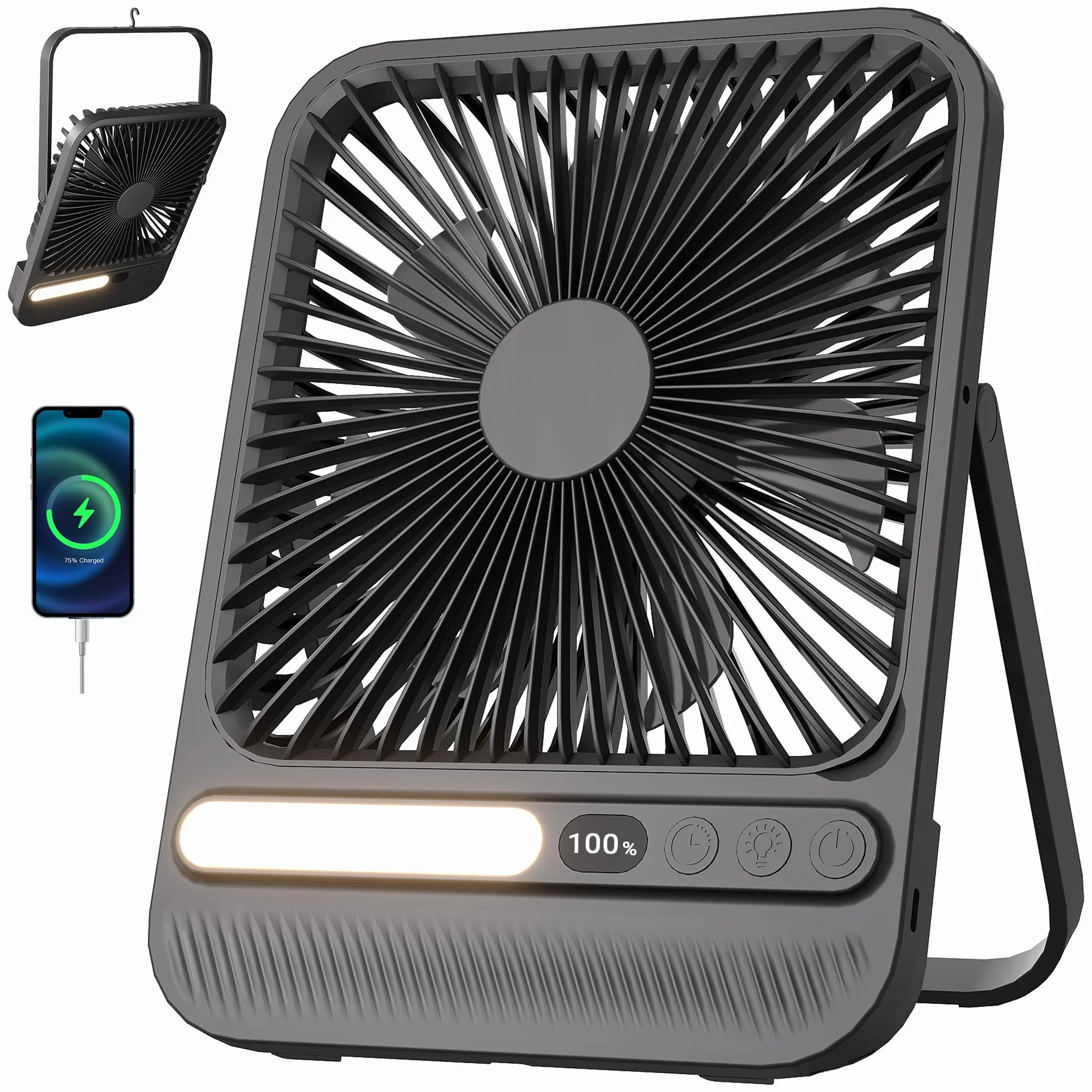 Ventilatore Portatile da Viaggio 7 Pollici con Luce, 28 Ore di Autonomia, Ultra Sottile 3,6 cm, Timer 8H, 42 dB, 4 Velocità, Inclinazione 180°, Ventilatore da Scrivania Ricaricabile con Display LED
