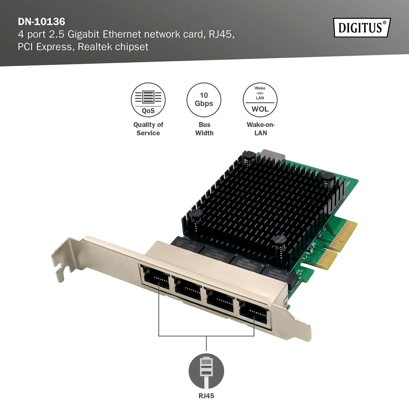 Digitus Scheda di Rete Server Ethernet 2,5 Gigabit - 4 Porte RJ45 - NIC - RTL8125B - 10/100/1000/2500 Mbps