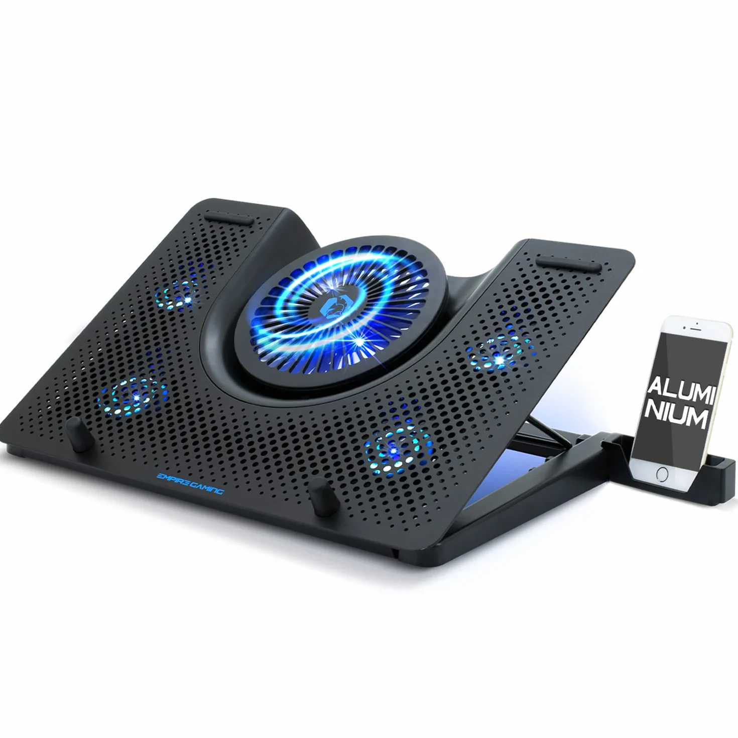 EMPIRE GAMING - Turboost Aluminium Raffreddatore PC Portatile Gamer Compatibile da 12 a 17 Pollici - 5 Ventole Potente silenziose - Ergonomico 5 Altezze Regolabili - LED Blu – USB