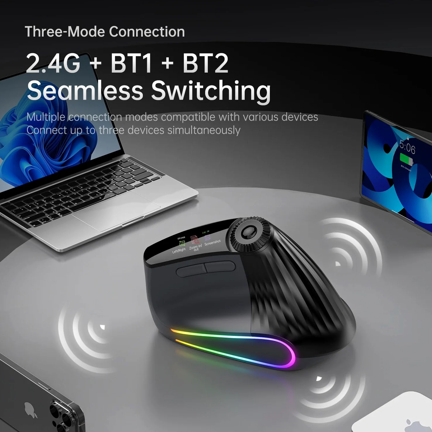 Mouse verticale ergonomico senza fili, ricaricabile Bluetooth ultraveloce scorrimento 4800 DPI, mouse Ergo 2.4G silenzioso clic 6 pulsanti mouse ottici RGB, 3 connettività multi-dispositivo