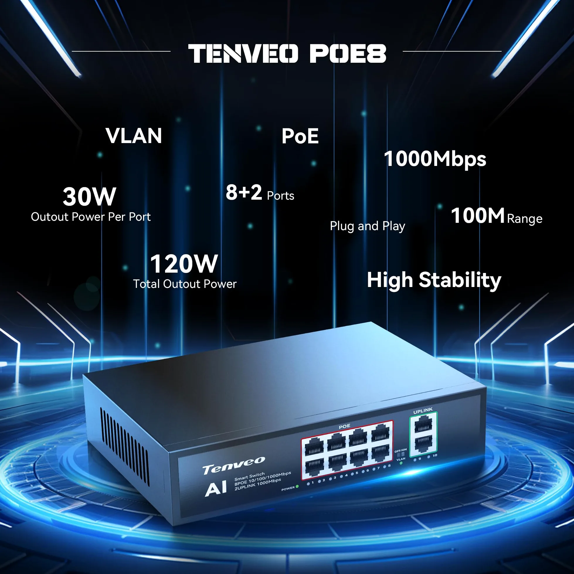 Tenveo Switch PoE 8 Porte Full Gigabit, 8 Porte PoE+ @120W, 2 Porte Uplink, Plug & Play, Supporto VLAN, Alimentazione 802.3af/at 120W, Switch di Rete Professionale AI Smart per Live Streaming