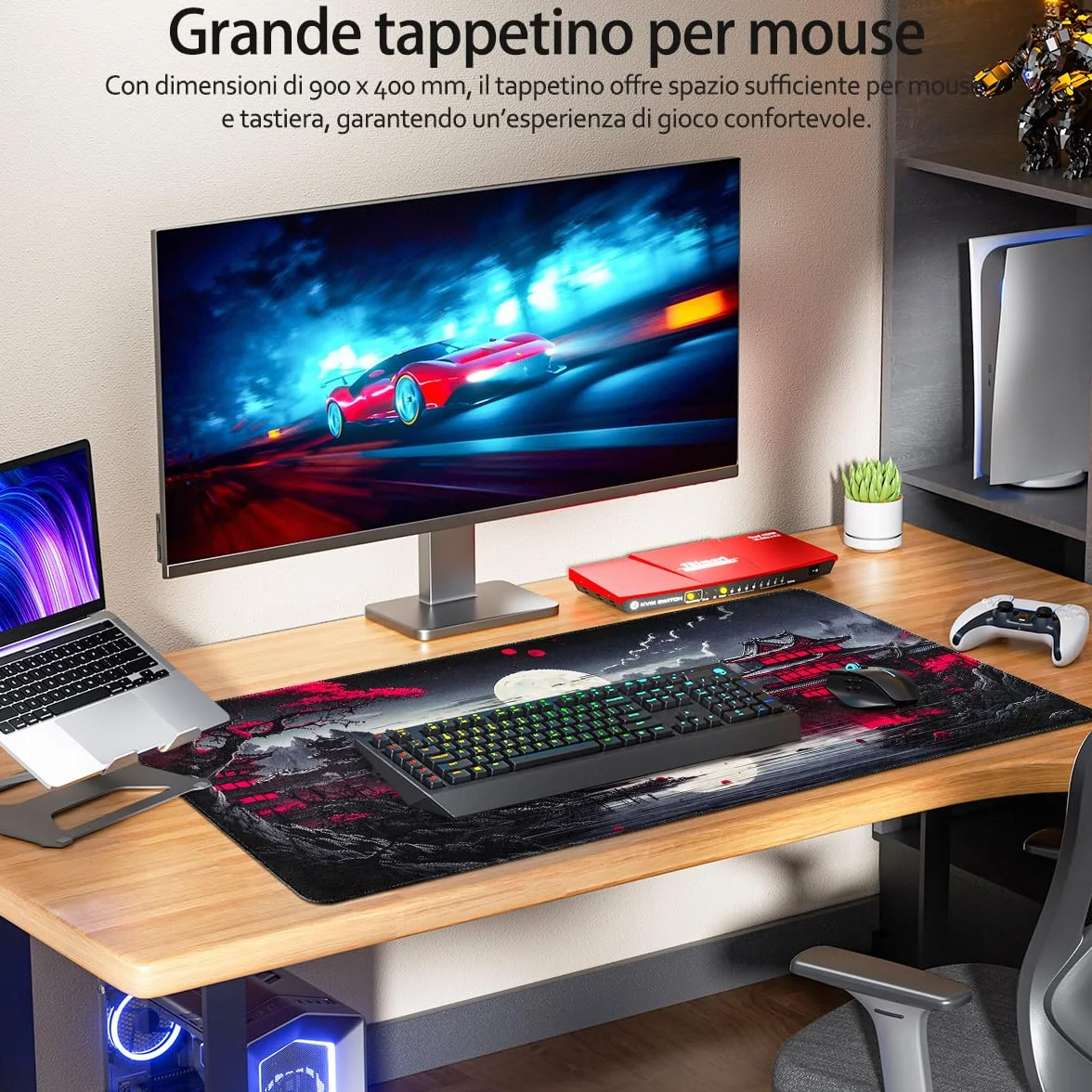Zindoo Tappetino Mouse Gaming XXL 900x400x3mm Antiscivolo Precisione Nero Giapponese