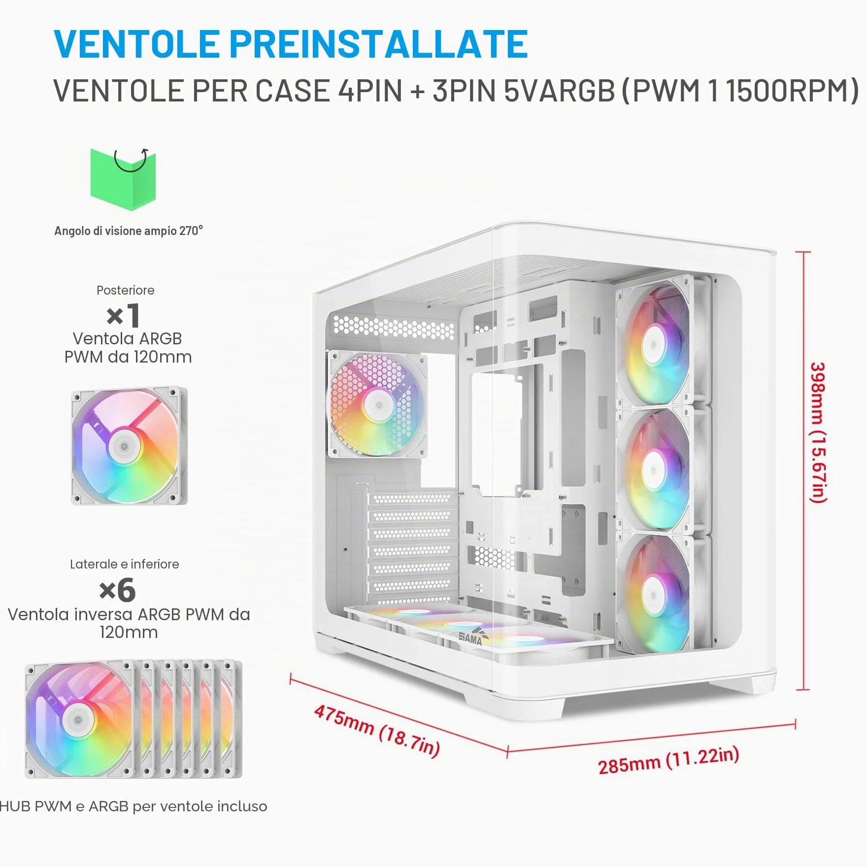 Case PC Mid Tower SAMA V60, Vetro Curvo, 7 Ventole ARGB, USB-C, Bianco | Case PC Gaming ATX ad Alto Flusso d'Aria, Compatibile Back-Connect, Supporto AIO 360mm