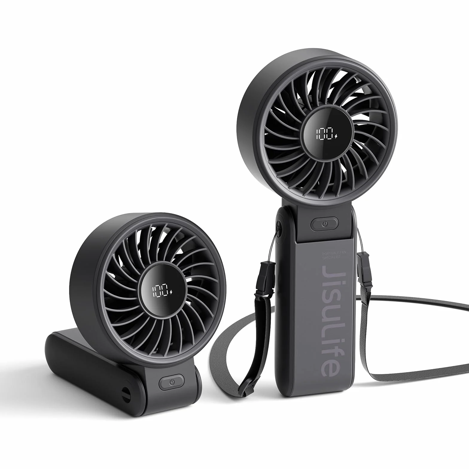 JISULIFE Ventilatore portatile, potente ventilatore portatile con display LED, massimo 19,5 ore, 5000 mAh, 3 in 1 mano/scrivania/collo ventilatore, mini ventilatore da viaggio (nero)