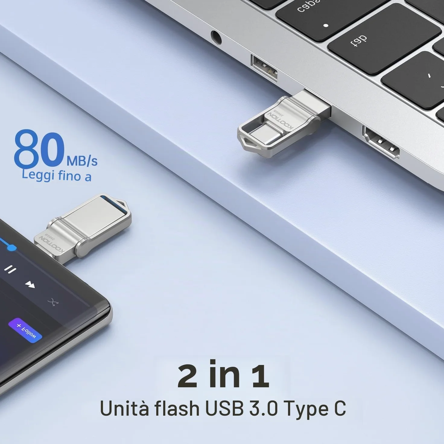 KOOTION Chiavetta USB Tipo C 256 GB USB 3.0 OTG Chiavetta USB C 256GB 2 in 1 Argento Pennetta USB C 256G Velocità fino a 80 MB/s Unità Pennette USB 256G Per Smartphone Android, ect