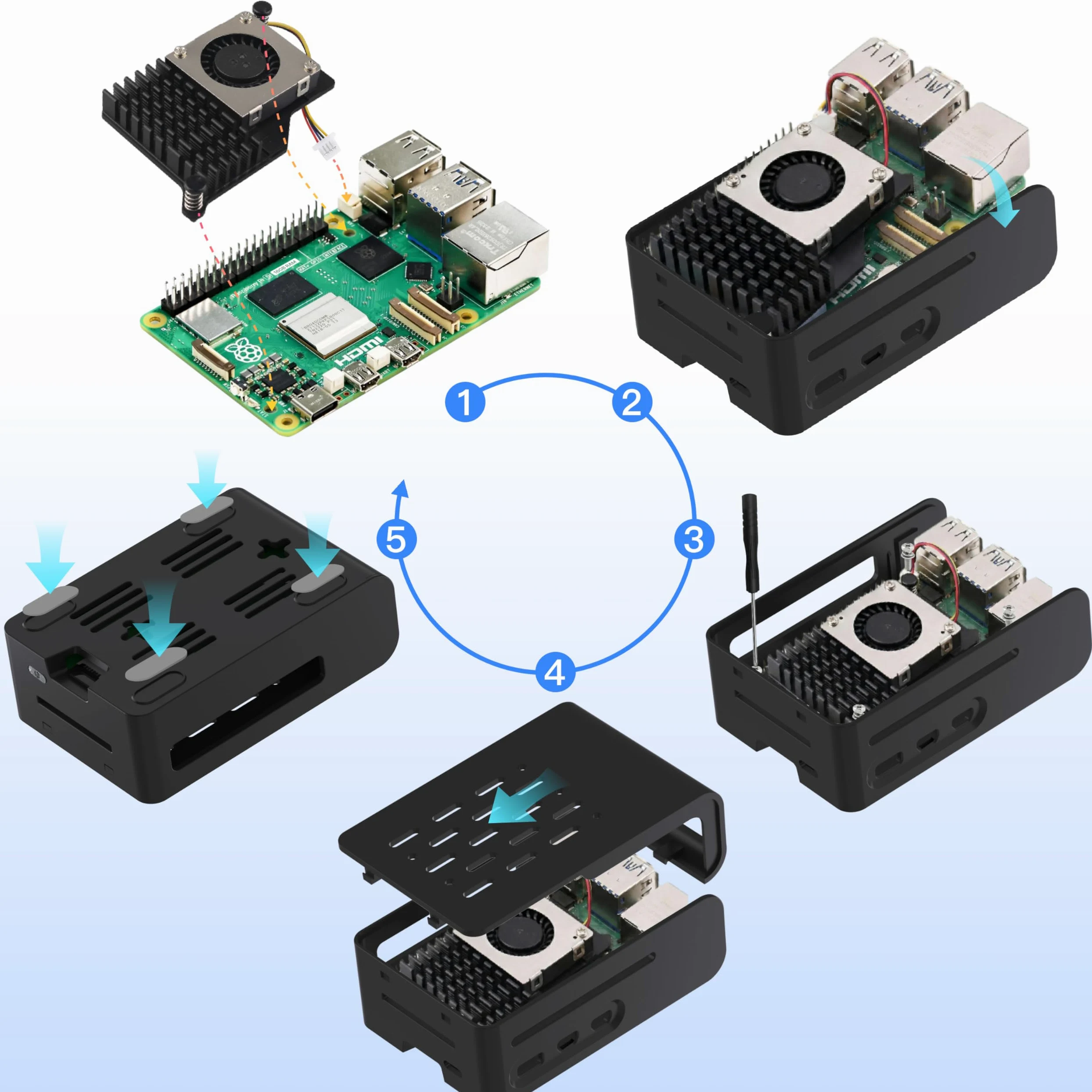 TRASKIT Kit di base per Raspberry Pi 5 4 GB di RAM, alimentatore PD da 27 W, custodia PI5, dispositivo di raffreddamento attivo e scheda singola Pi 5 da 4 GB inclusa
