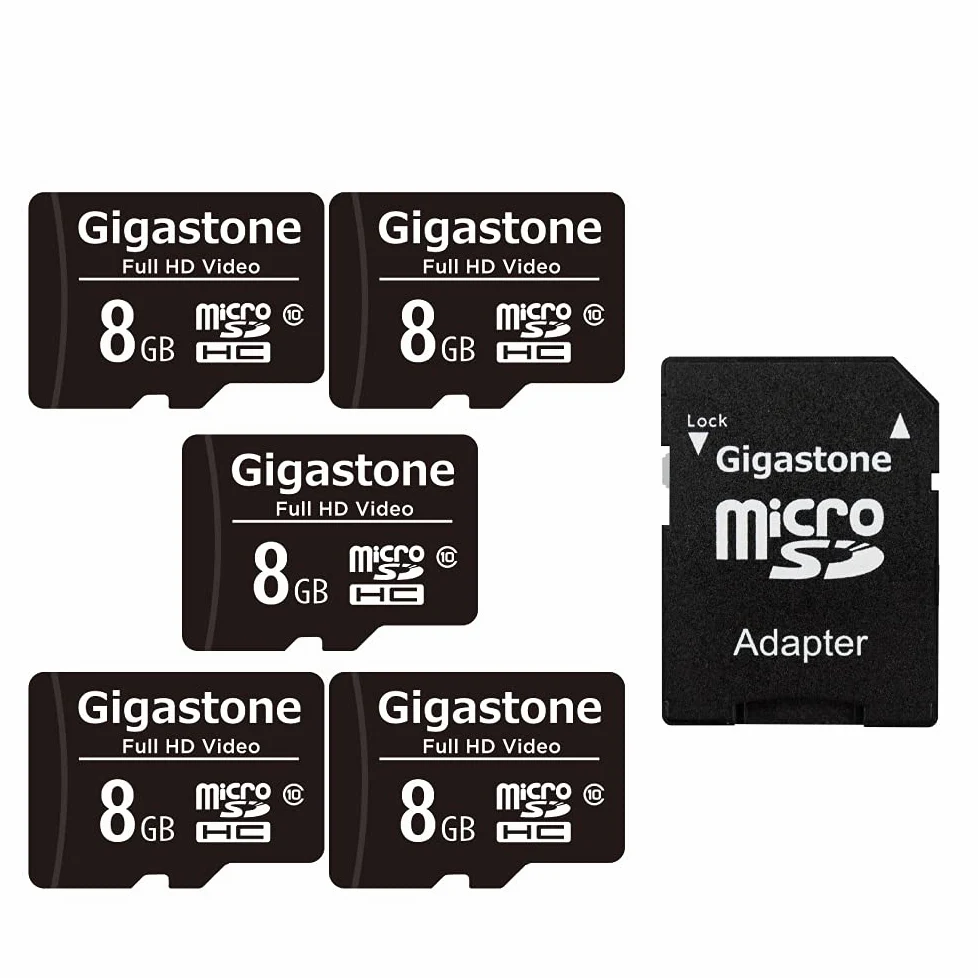 Gigastone Scheda di memoria da 8 GB, confezione da 5 schede, ad alta velocità di lettura fino a 80 MB/s. Ideale per portatile Full HD Video, U1 C10 Scheda Micro SDHC UHS-I con 2 mini custodie e 1