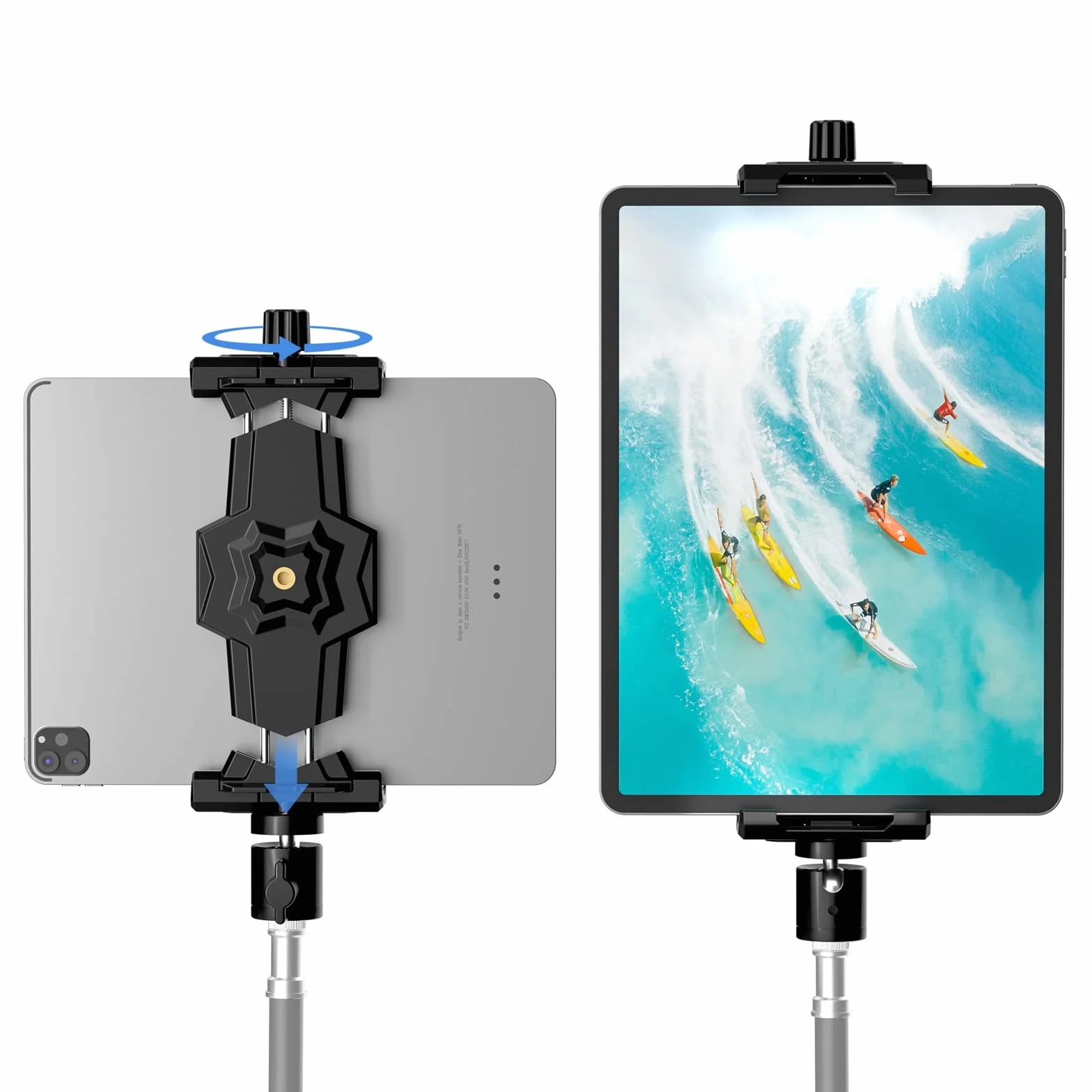 KDD Adattatore per treppiede per iPad e Tablet con testa a sfera ruotabile 360 per iPad Pro 12.9 iPad Mini Galaxy Tab Selfie Stick 5.3-10.6'' Nero