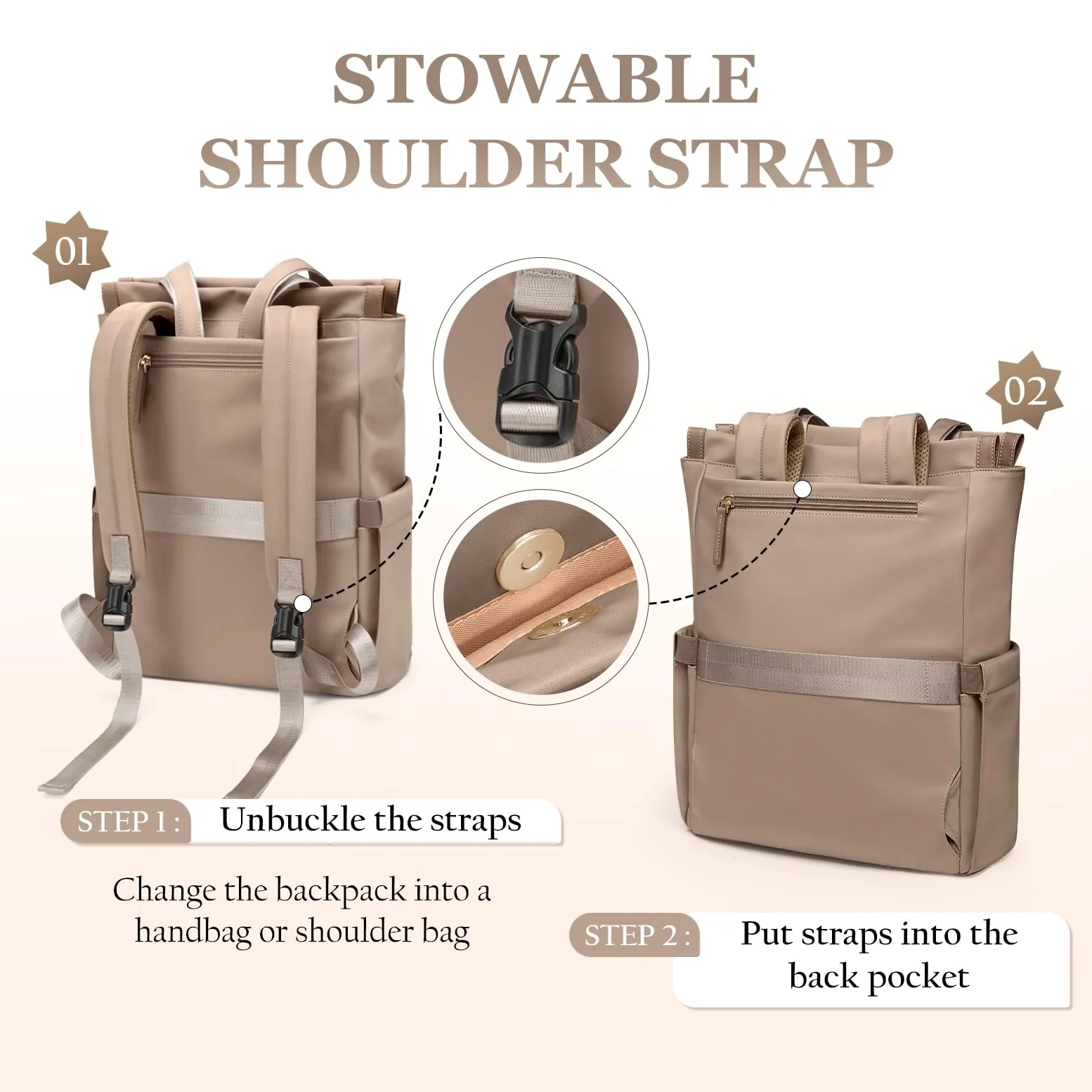 GOLF SUPAGS Zaino Convertibile per Donna Laptop Casual Travel Bag Notebook per Lavoro College Viaggi di Piacere(Champagne)