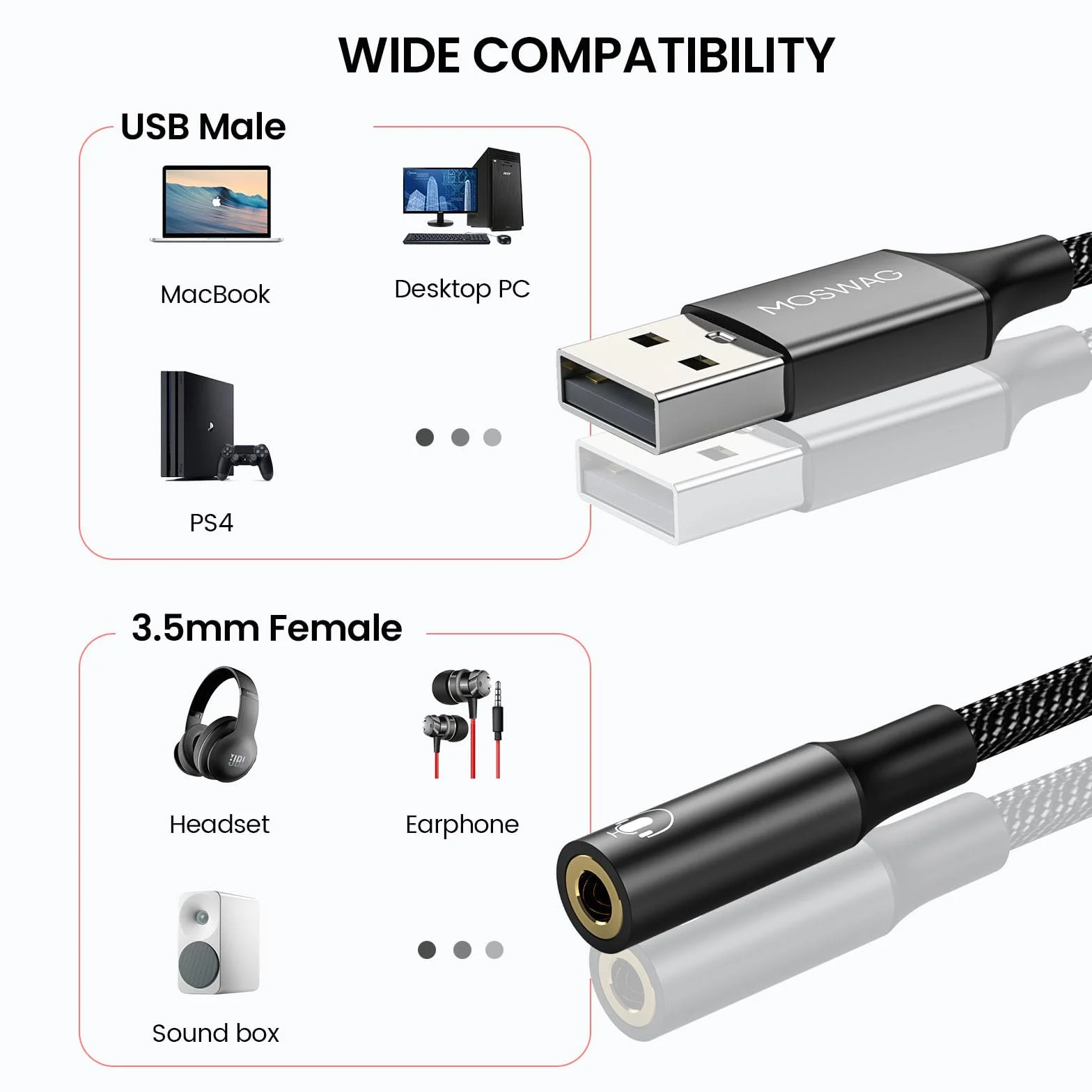 MOSWAG Adattatore audio jack per cuffie da USB a 3,5 mm da 20 cm, supporto per cuffie da USB a 3,5 poli TRRS a 4 poli, scheda audio stereo esterna per PC, laptop, PS4, Mac ecc.